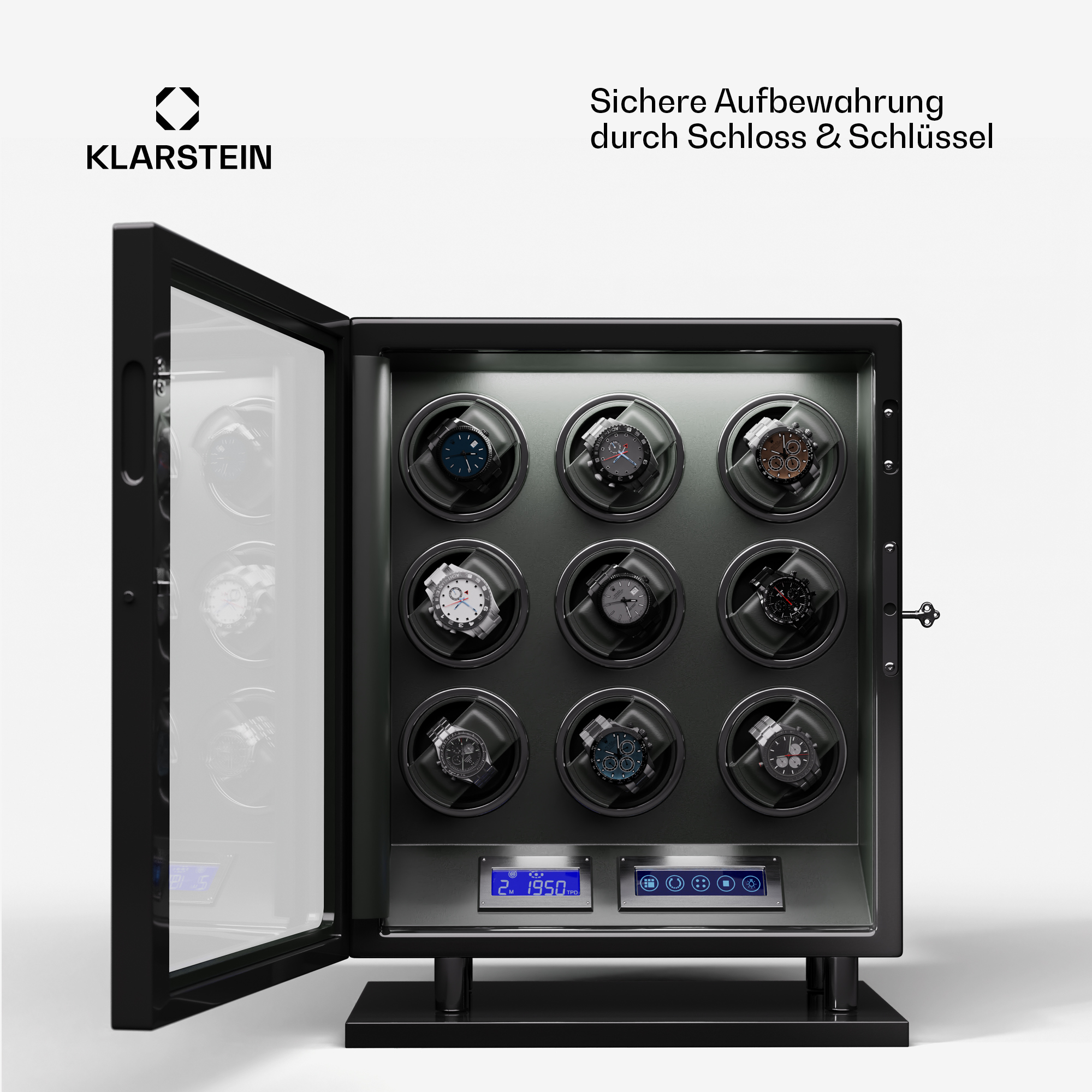 Schwarzer Uhrenbeweger mit Uhren. Die Tür ist offen, die Uhren sind sichtbar.