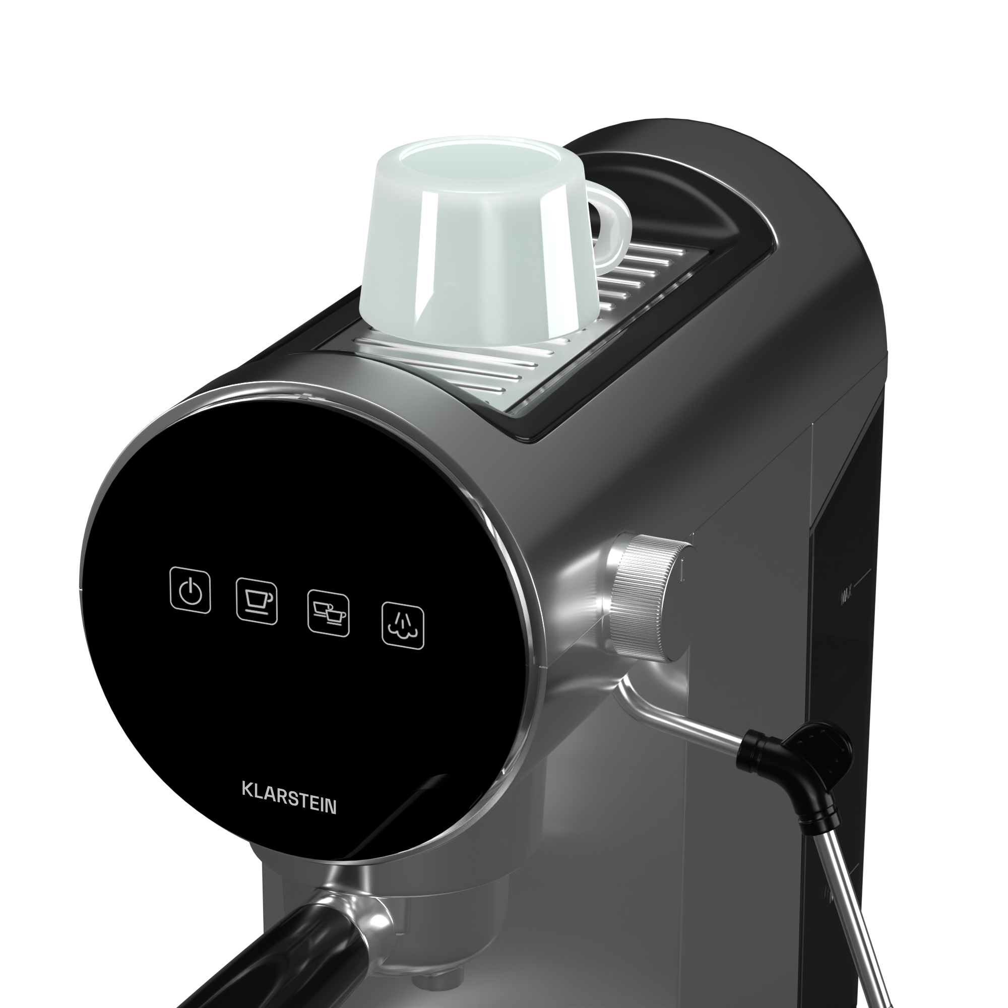 Macchina per espresso argentata con una tazza sopra e un pannello di controllo nero.