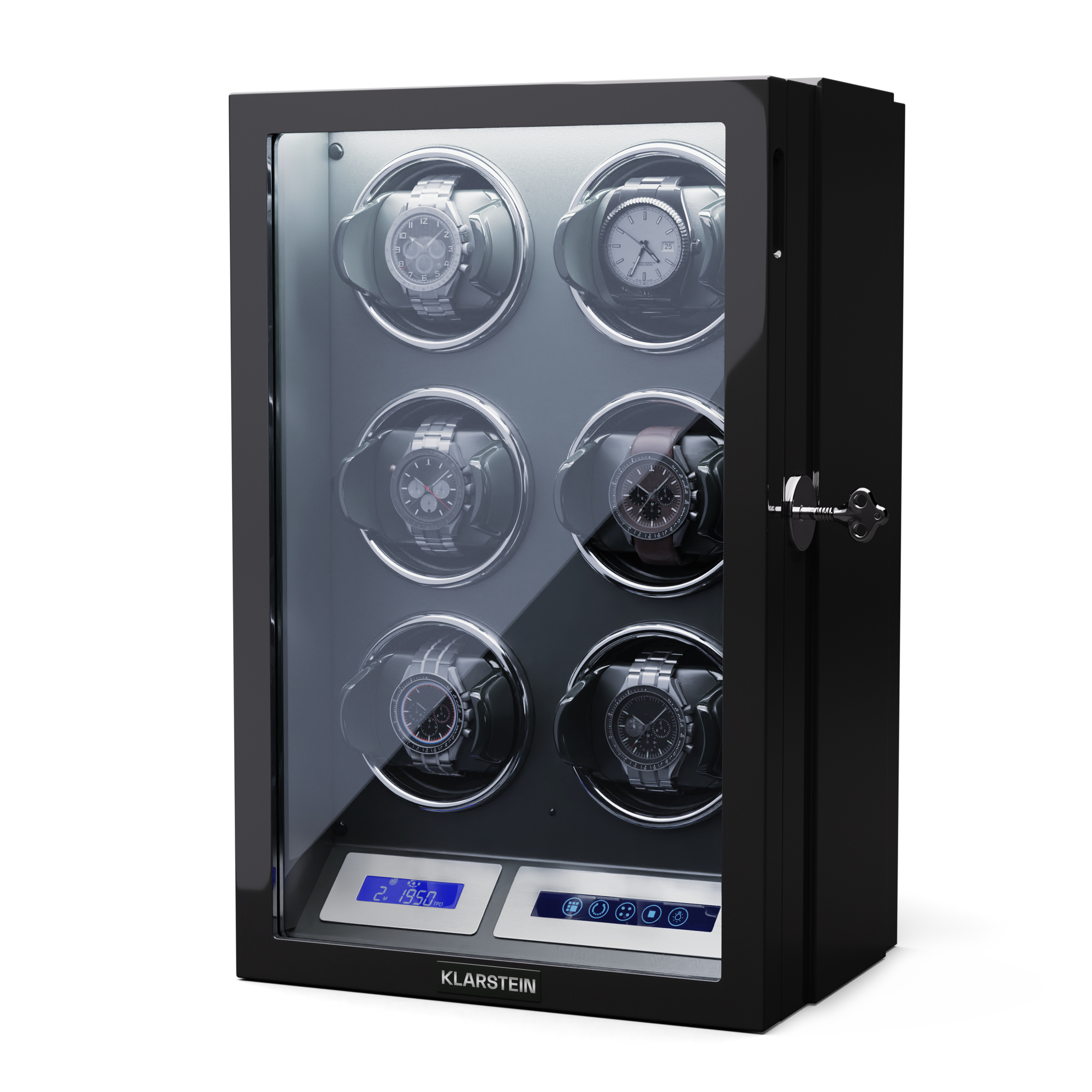 Caja giratoria de relojes negra con puerta de cristal, mostrando varios relojes y panel digital.