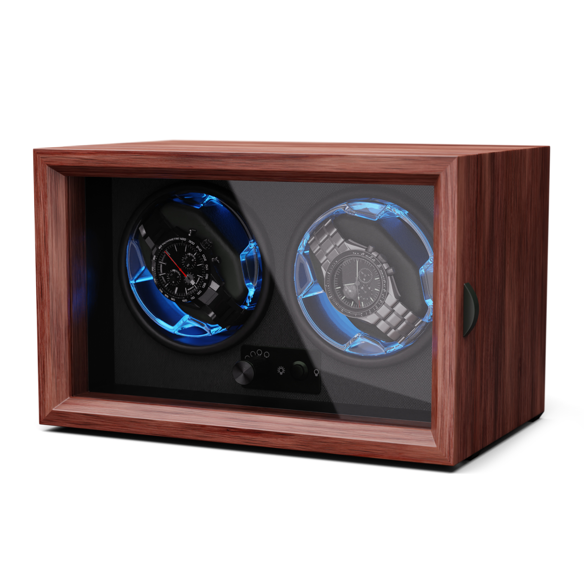 Uhrenbewahrungsbox aus Holz mit zwei transparenten Fächern, die jeweils eine Uhr enthalten und blau beleuchtet sind.