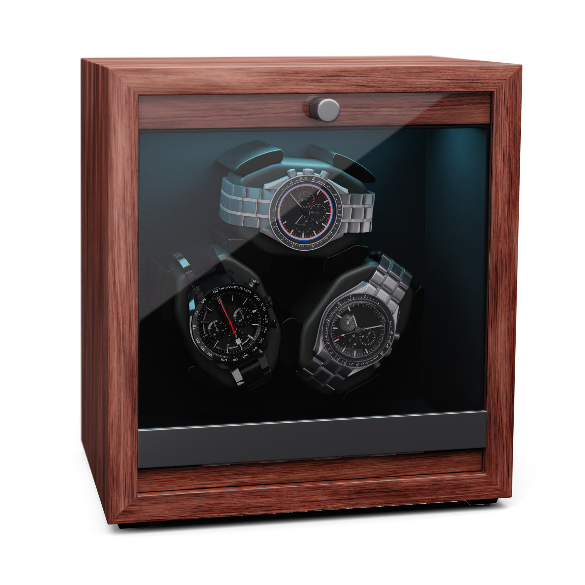 Uhrenbewahrungsbox aus Holz mit drei Uhren. Uhren sind durch Glas sichtbar.