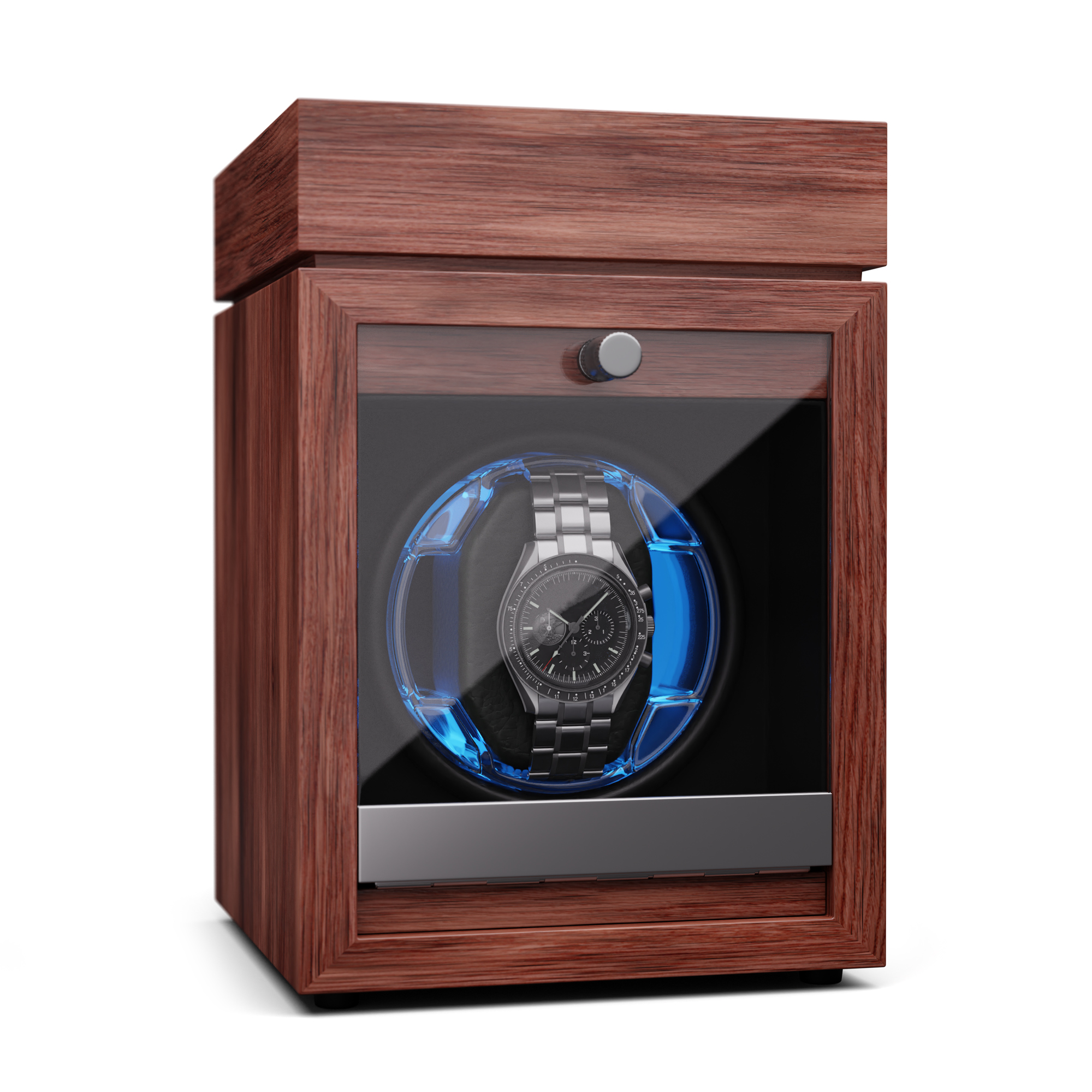 Ein hölzerner Uhrenbeweger mit einer Uhr in einem blau beleuchteten Fach.