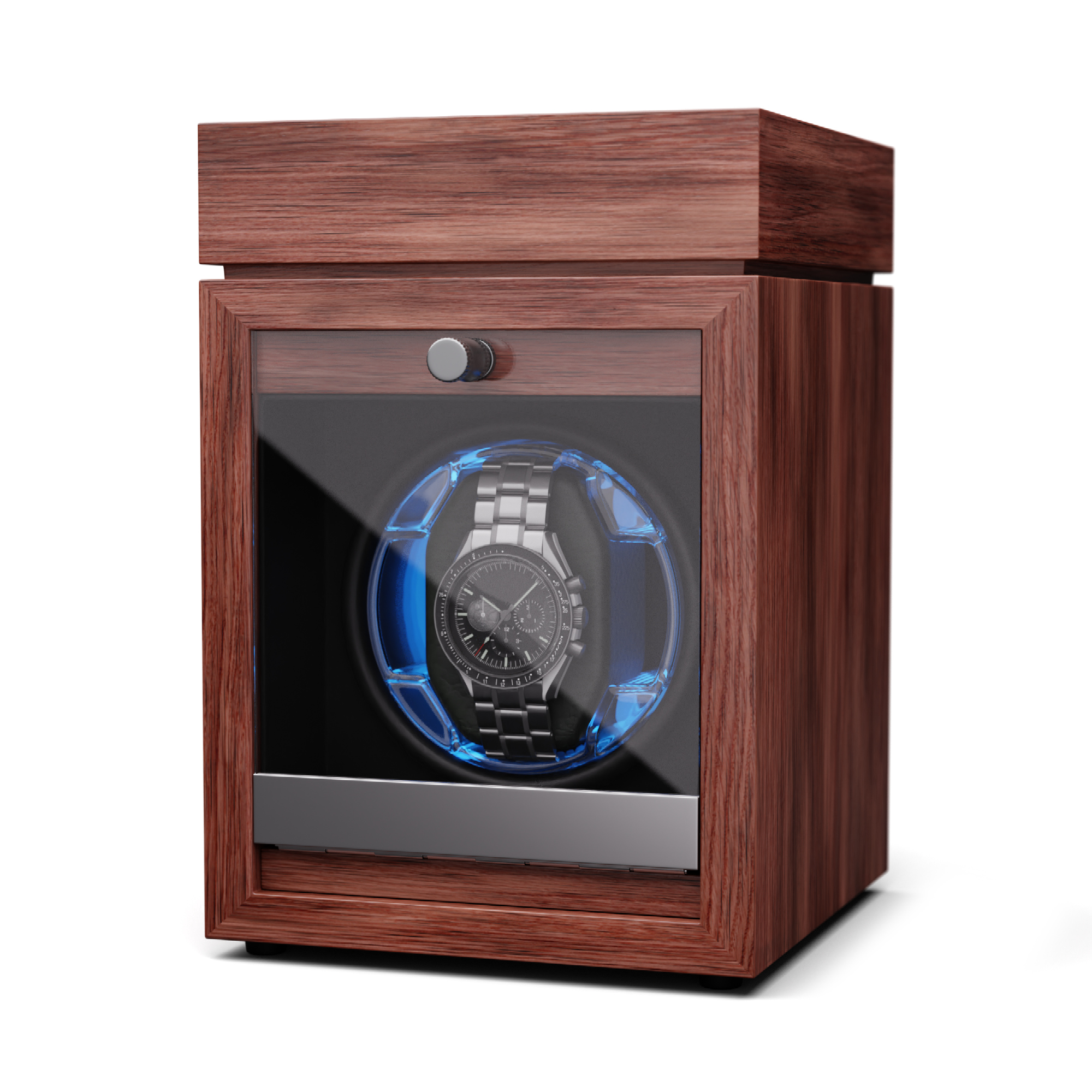 Uhrenbeweger aus Holz mit Uhr, sichtbar durch eine Glastür.