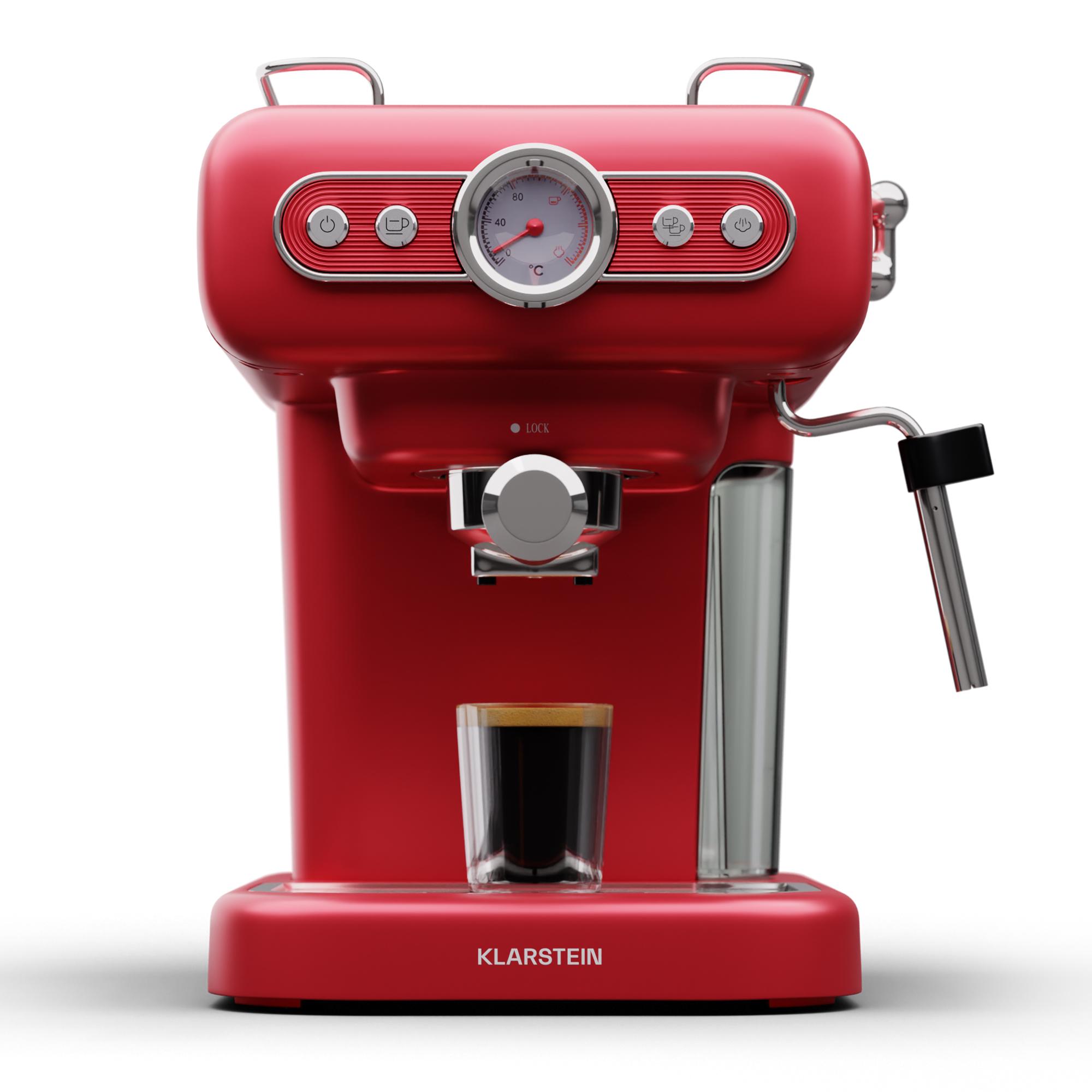 Máquina de espresso roja con un vaso de café. El indicador y los botones son visibles.