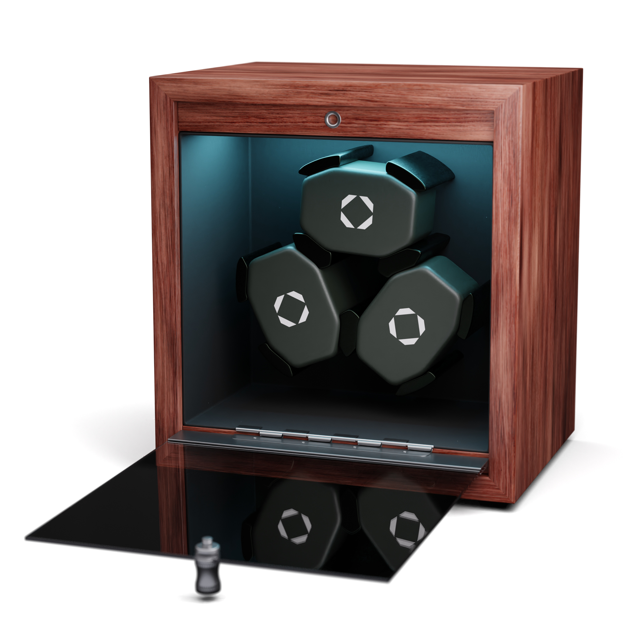 Holzschrank mit drei schwarzen, geometrischen Objekten im Inneren, mit offener Glastür.