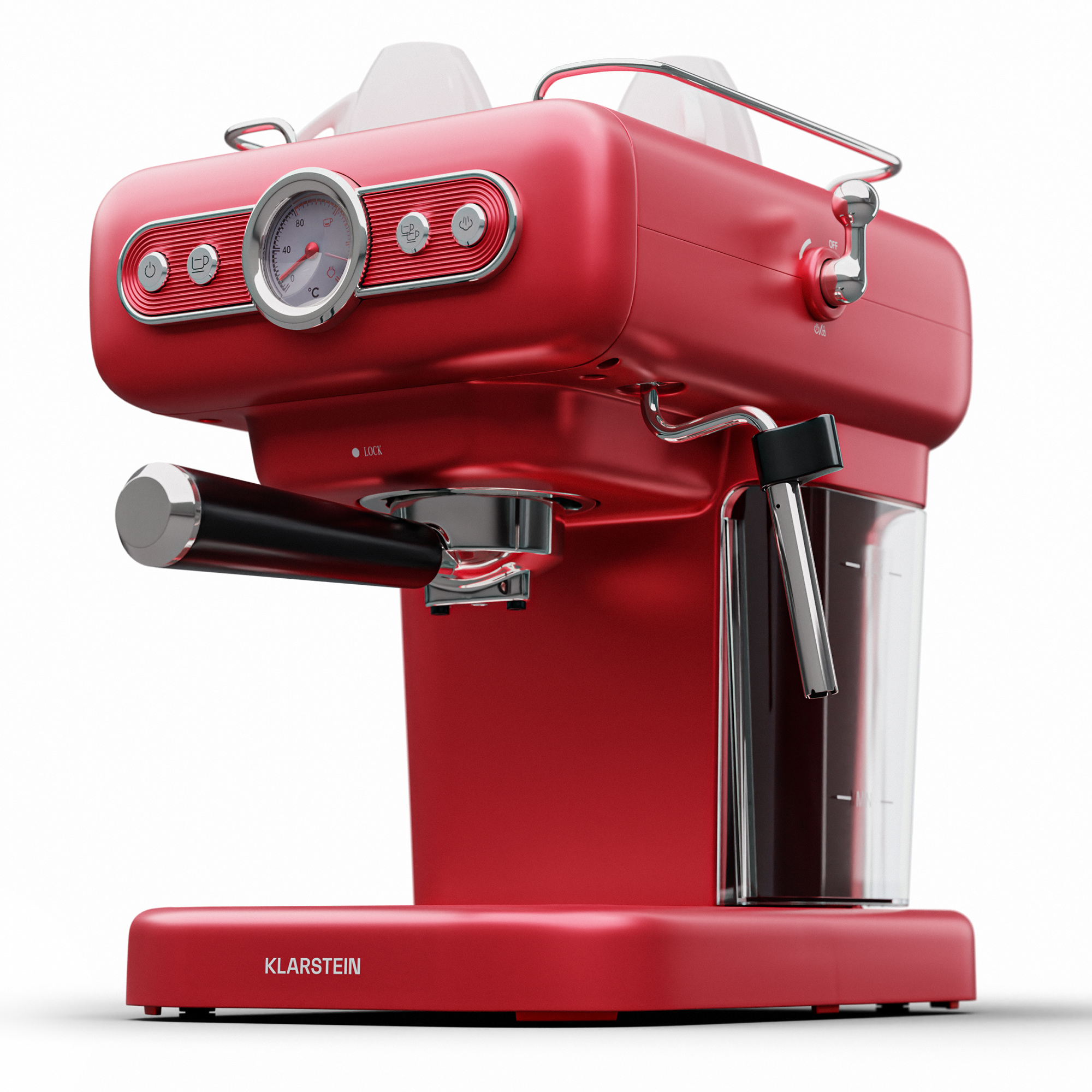 Una máquina de espresso roja con medidor, asa negra y recipiente de agua.