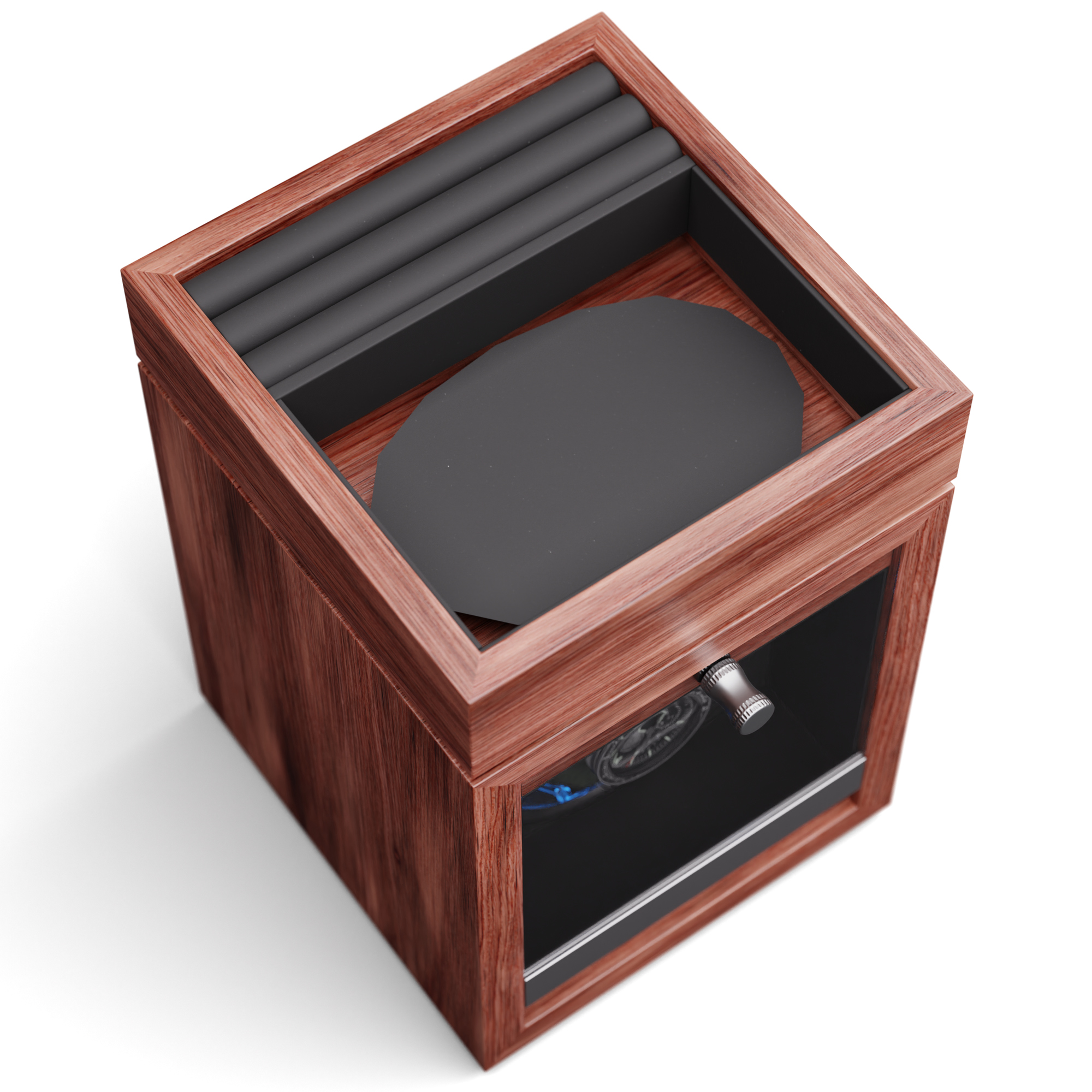 Ein Uhrenbeweger aus Holz mit Glastür, der eine Uhr und einige Uhrenringe hält.