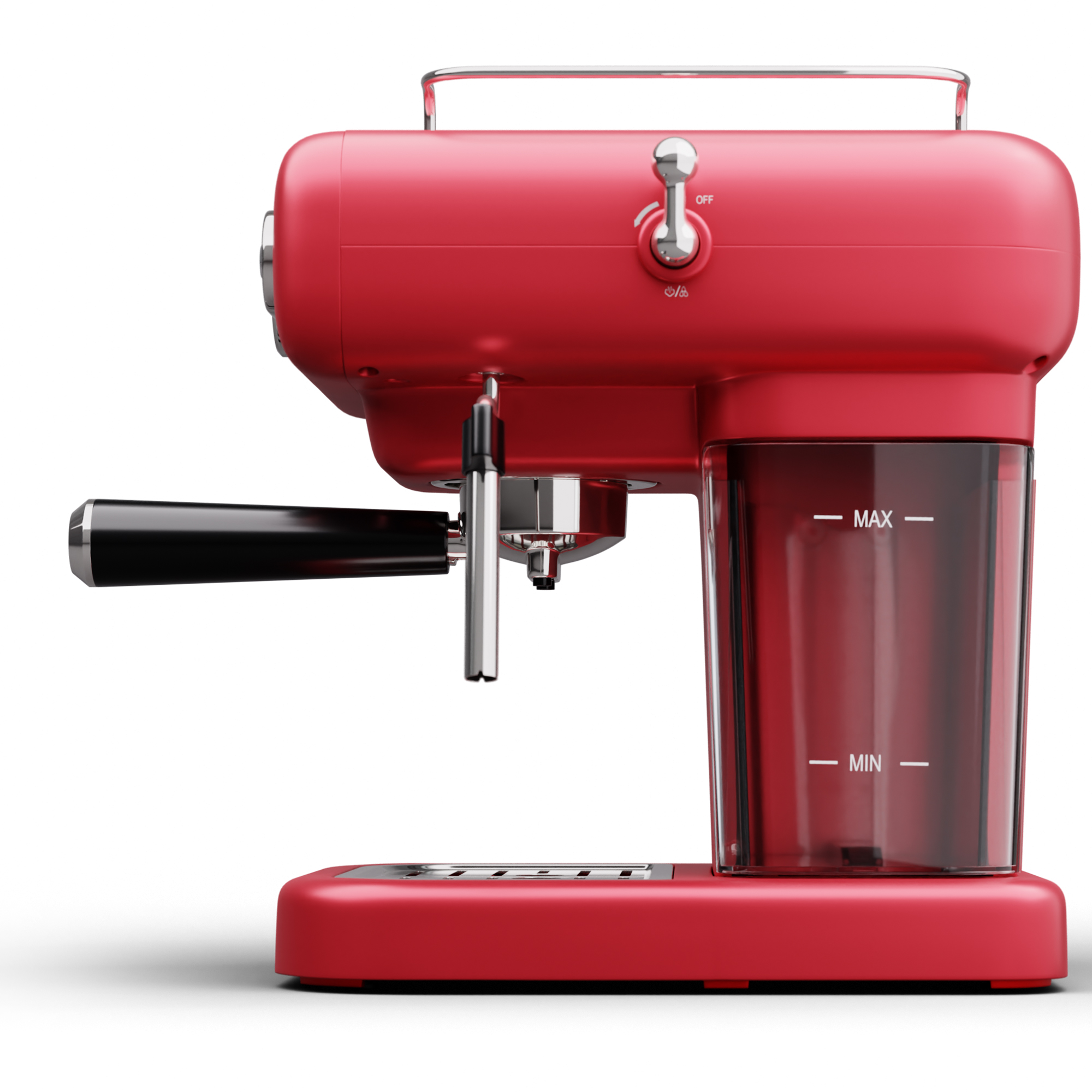 Máquina de espresso roja con depósito de agua y mango negro.