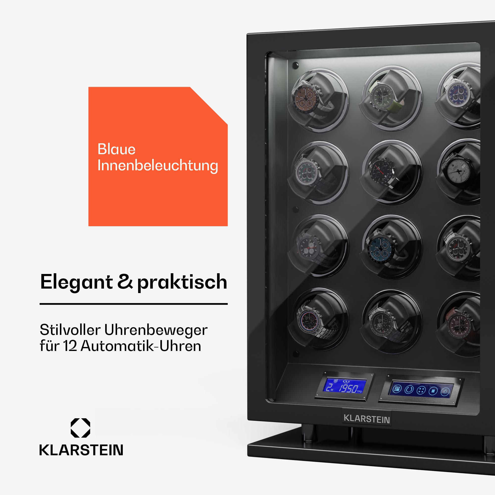 Schwarzer Uhrenbewegerschrank mit sichtbaren Uhren. Text: Elegant & praktisch. Blaue Innenbeleuchtung.