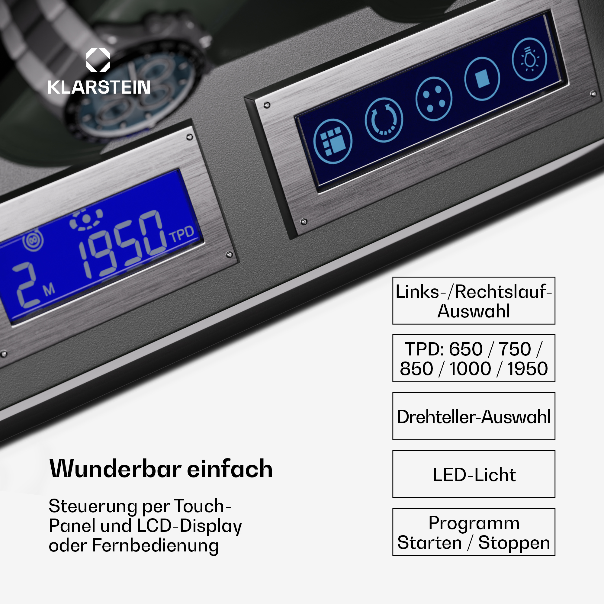 Uhrenbeweger-Display mit zwei Uhrenhaltern und einem blauen Display, das TPD und Einstellungen anzeigt.