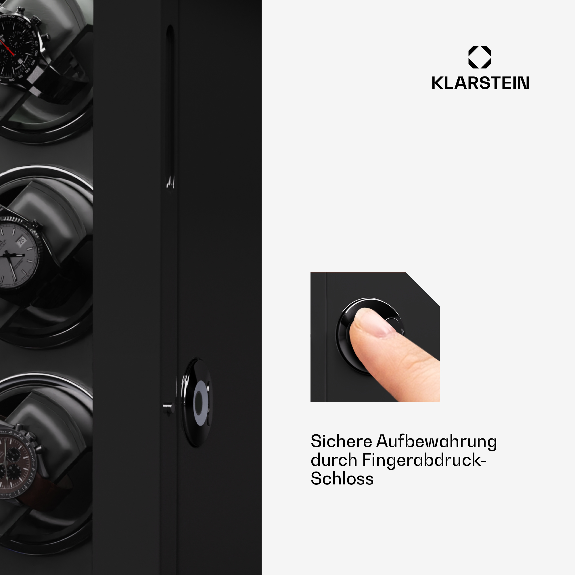 Ein schwarzer Uhrenbeweger mit einem Finger auf einem Touch-Button, ein Klarstein-Logo in der rechten Ecke.