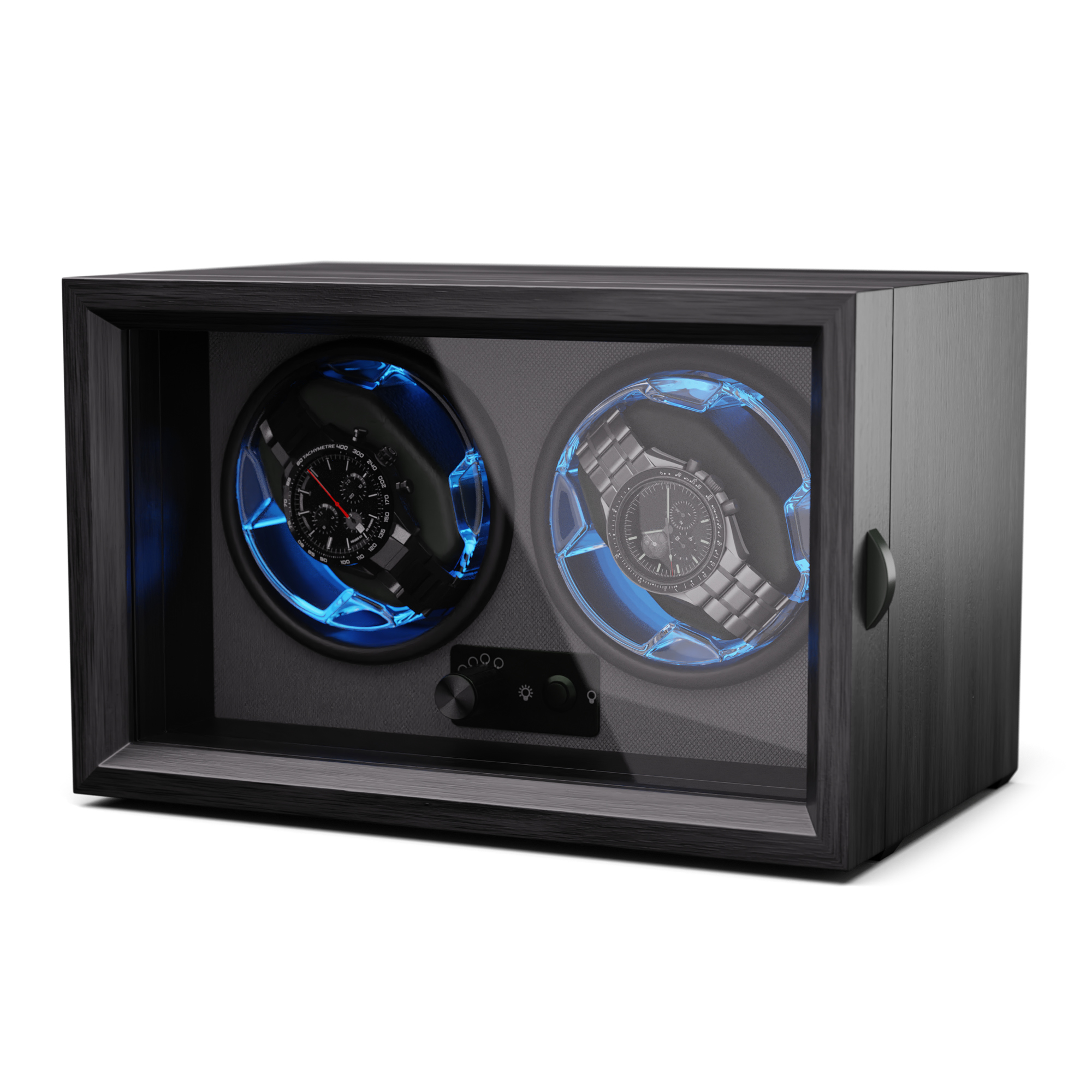 Eine hölzerne Uhrenbewahrungsbox mit zwei Uhrenhaltern und einem Bedienfeld. Blaue LED-Leuchten sind sichtbar.
