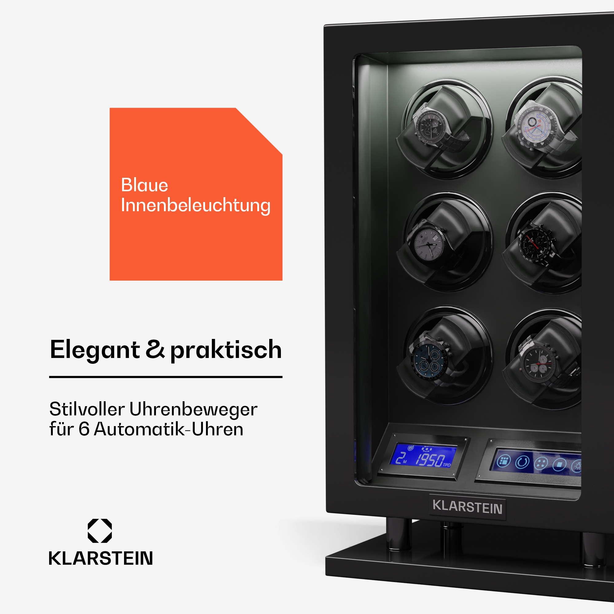 Schwarzer Uhrenbeweger mit sechs Uhren. Blaue Innenbeleuchtung. Der Markenname ist Klarstein.