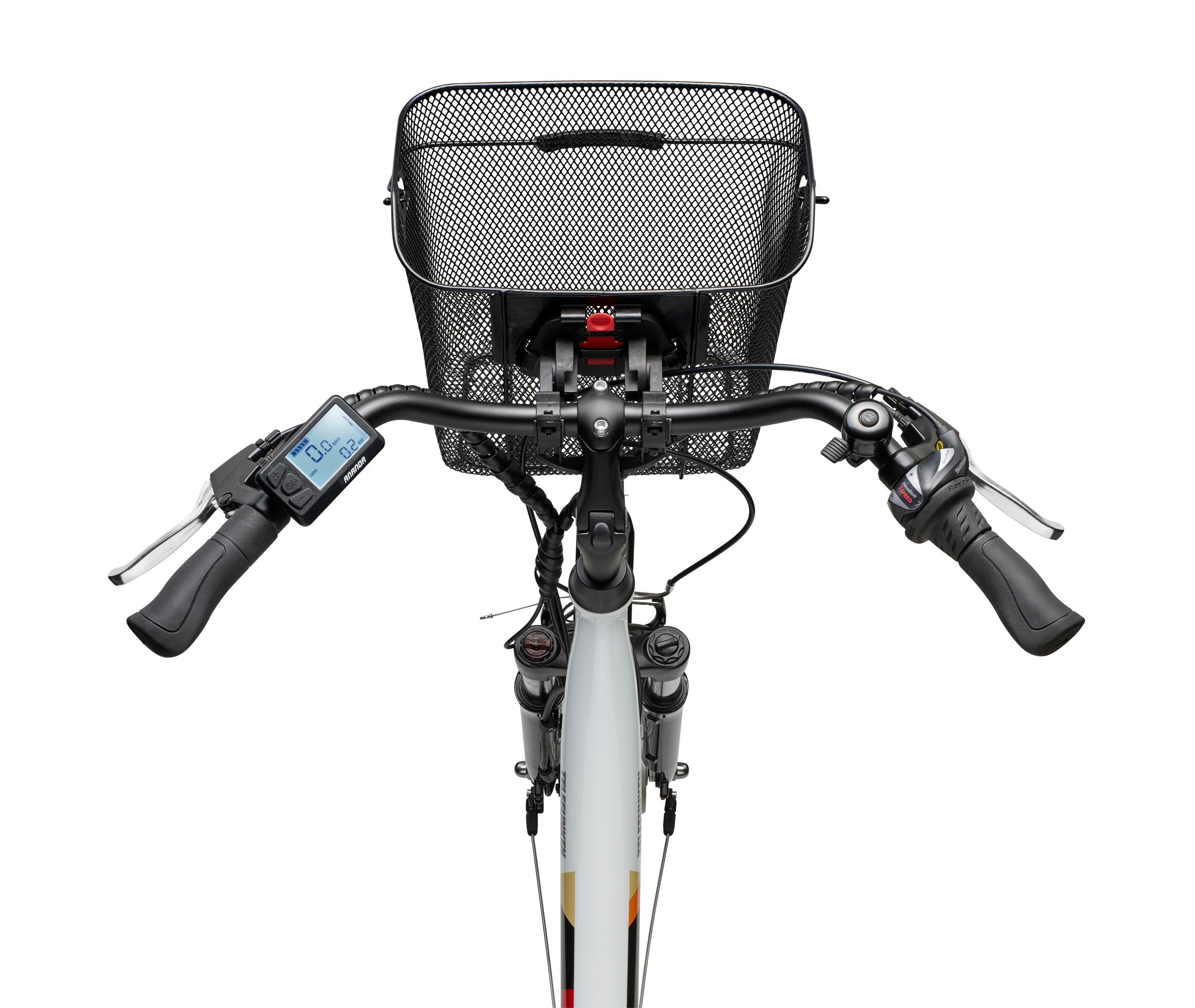 Eine Draufsicht auf ein Fahrrad mit Korb und Lenker. Schwarz-weißes Design.
