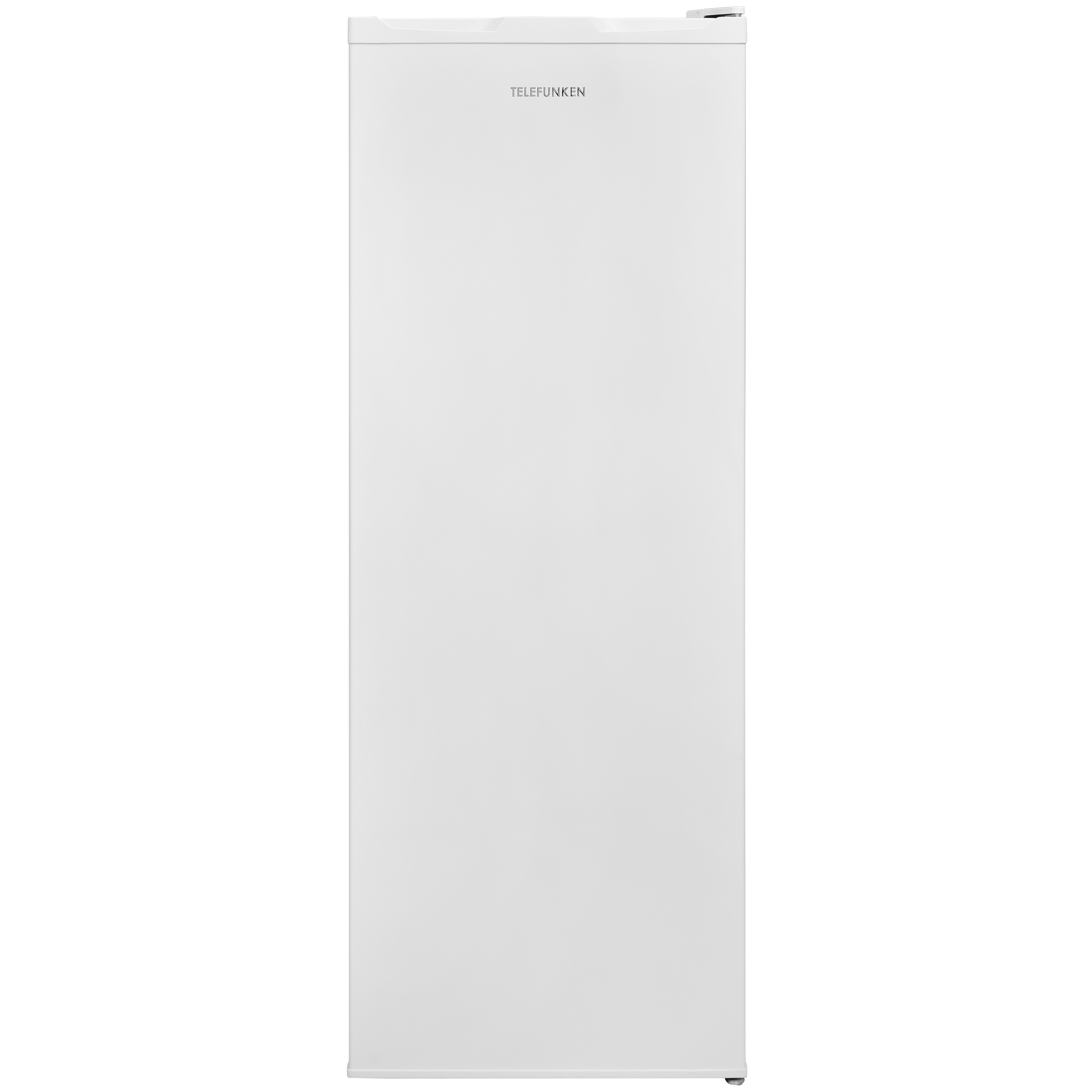 Weißer Telefunken Kühlschrank. Vollansicht, Tür geschlossen. Weißer Hintergrund.