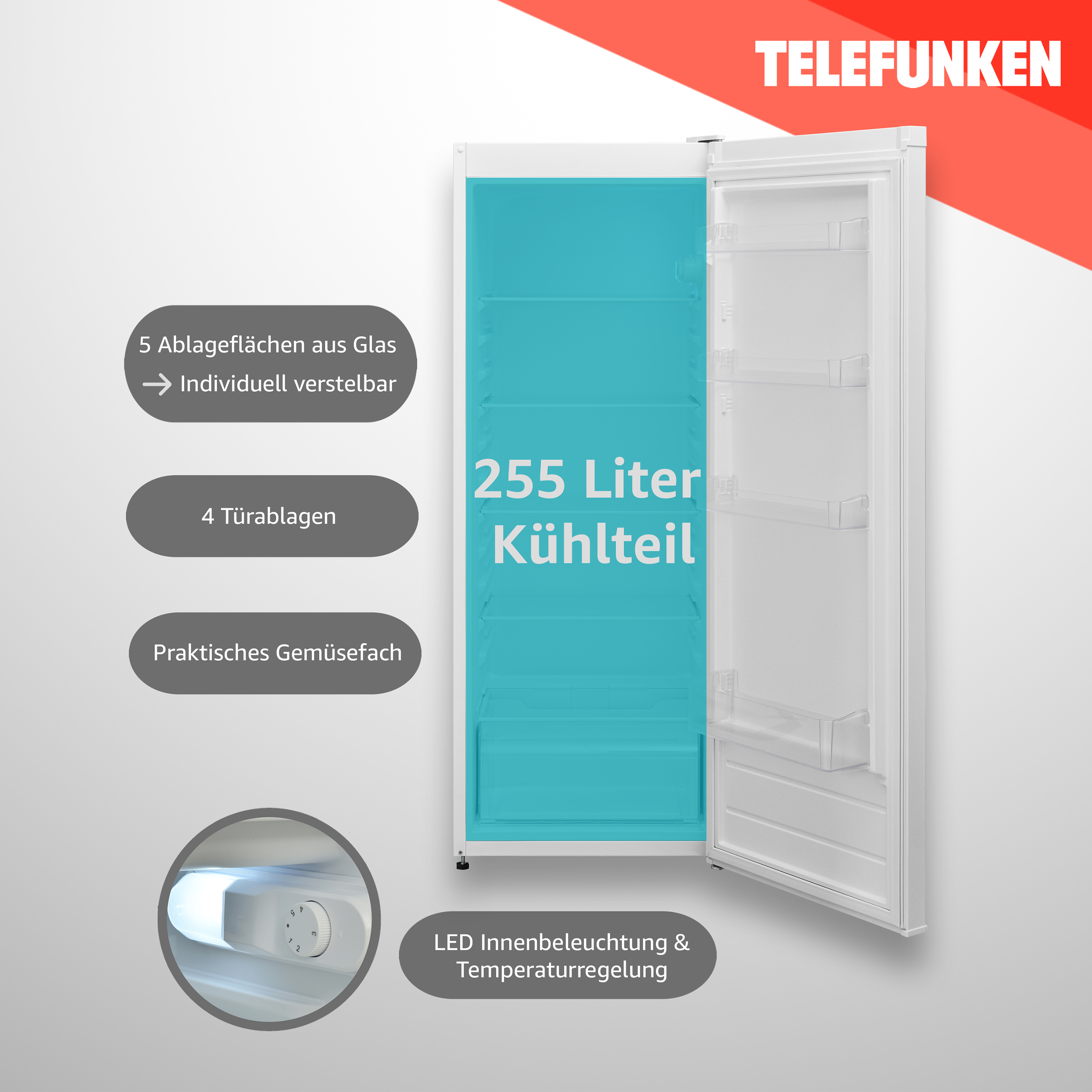 Ein weißer Kühlschrank mit offener Tür, der Regale und einen blauen Innenraum zeigt. Text sagt 255 Liter.