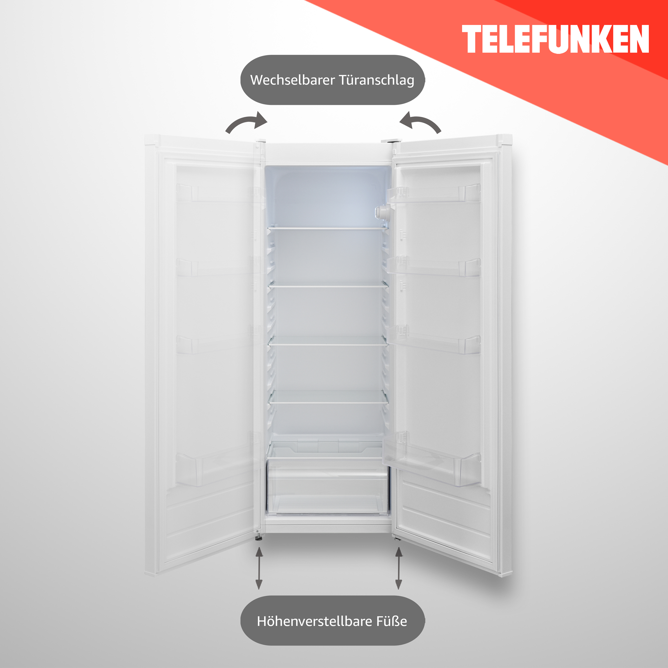 Ein weißer Kühlschrank mit offenen Türen, beschriftet mit Text.