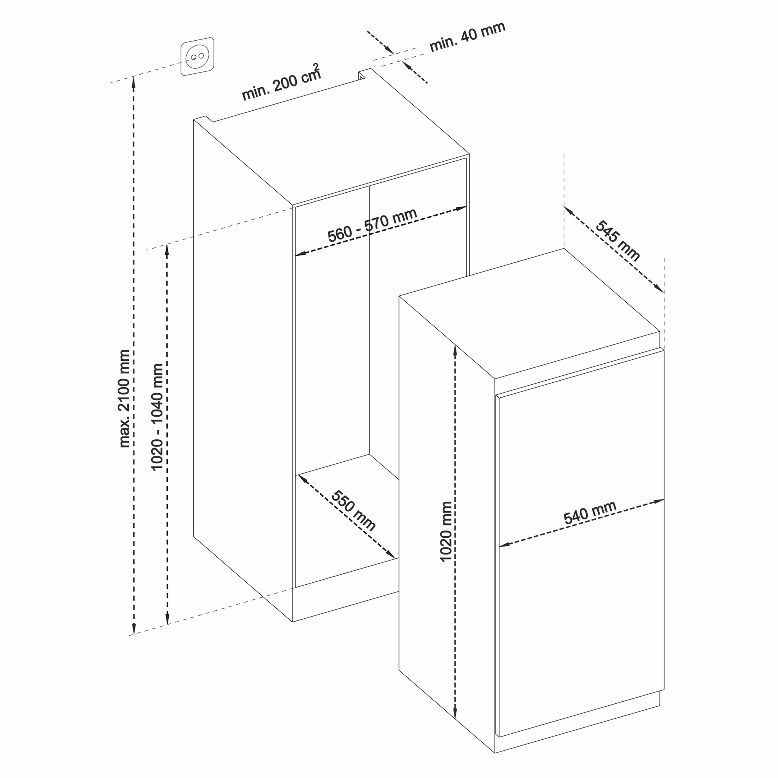 Diagramm mit Abmessungen für einen Einbaukühlschrank und einen Schrankraum.