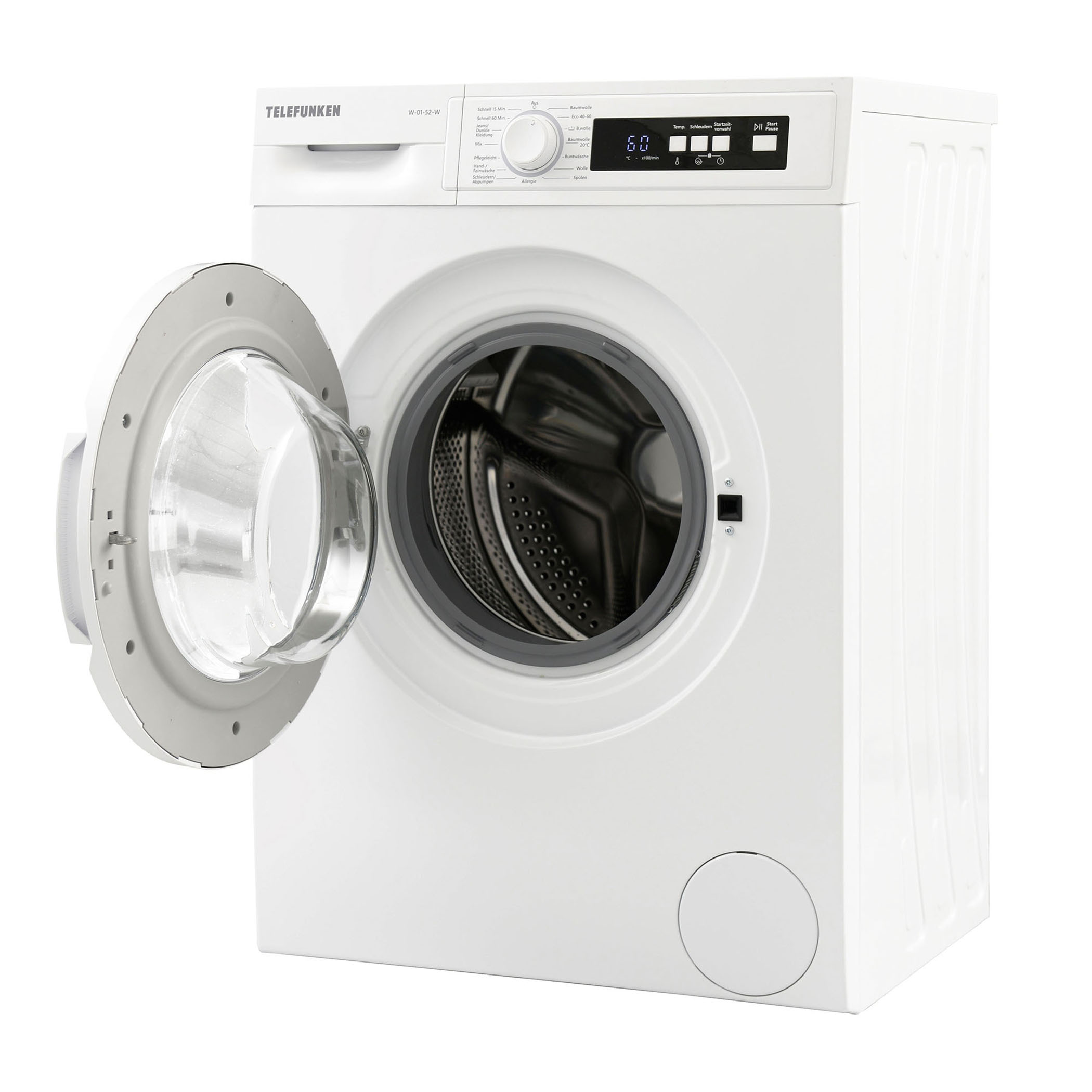 Weiße Waschmaschine mit offener Tür, die einen dunklen Innenraum zeigt. Marke Telefunken sichtbar.