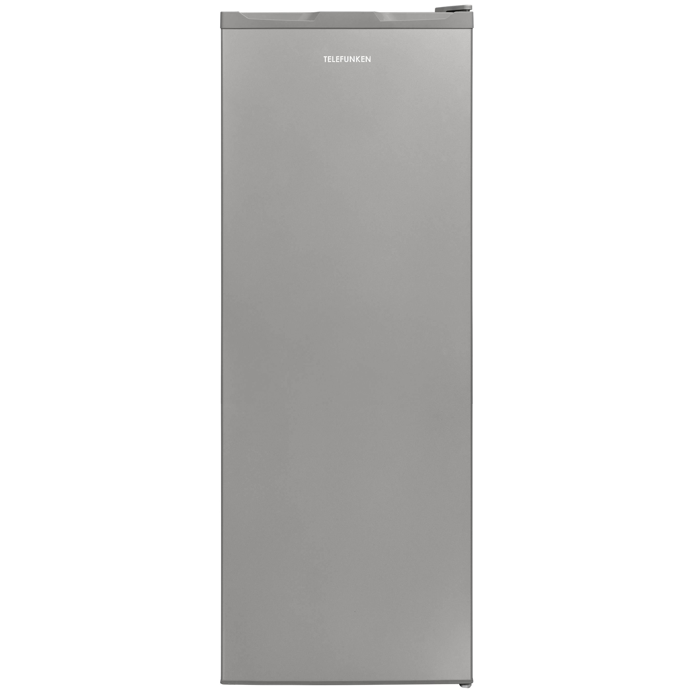 Ein silberner Kühlschrank mit Griff. Es ist ein einfaches, vertikales Design.