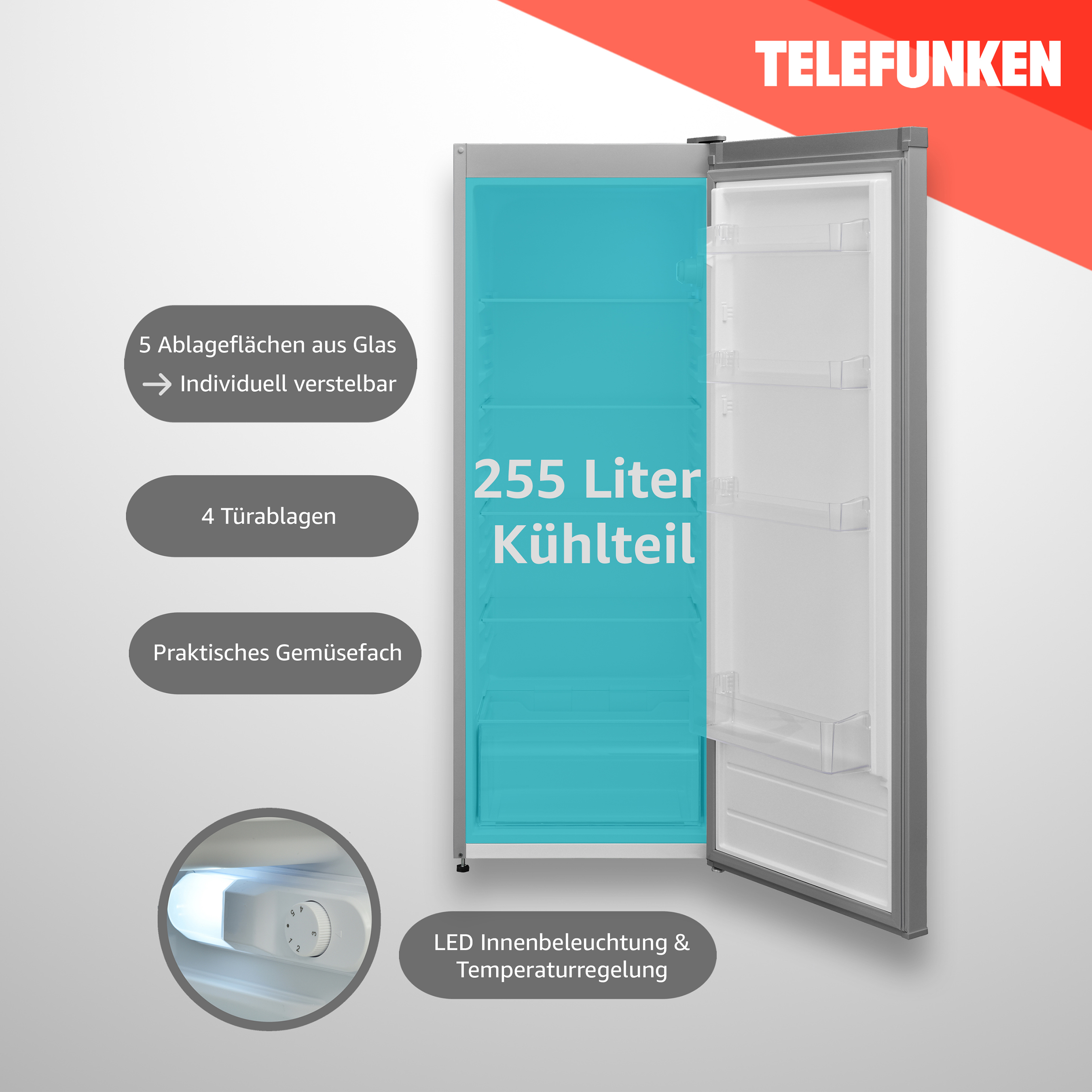 Ein weißer Kühlschrank mit offener Tür, mit Regalen und blauem Licht.