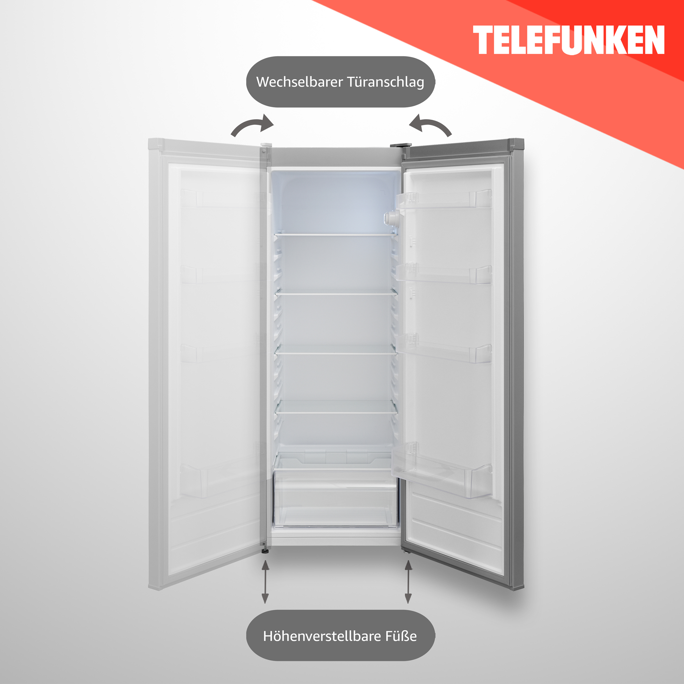 Offener Kühlschrank mit zwei Türen. Text: Telefunken. Wechselbarer Türanschlag & höhenverstellbare Füße.