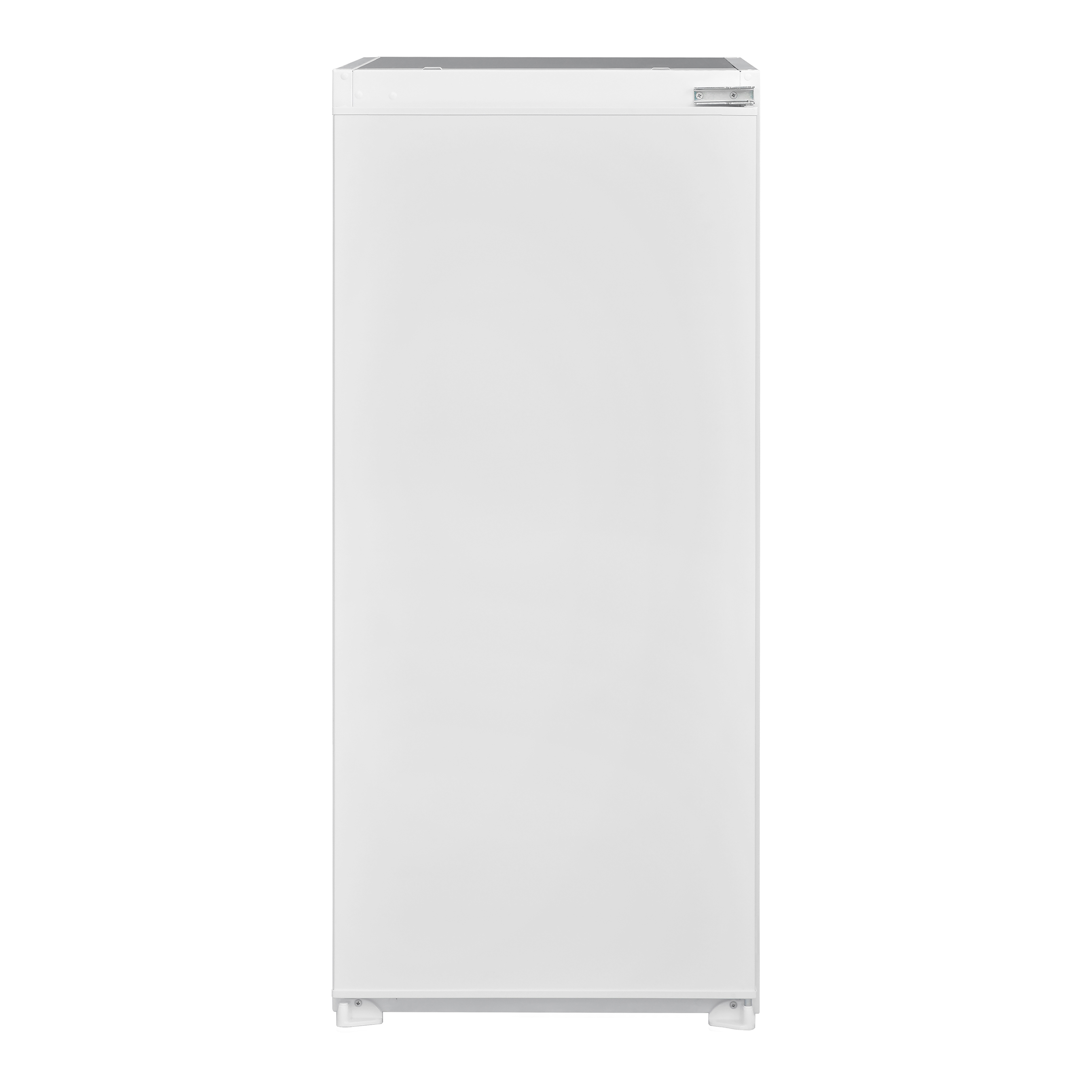 Weißer Kühlschrank auf weißem Hintergrund. Oberseite hat eine graue Platte.