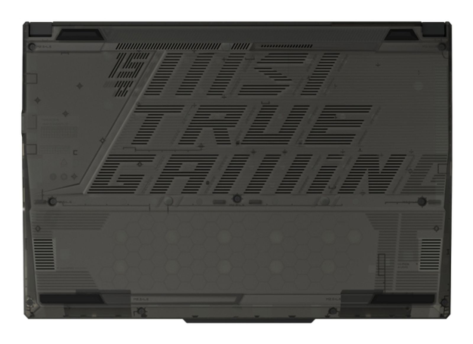 Widok od spodu ciemnoszarego laptopa do gier, pokazujący konstrukcję i funkcje wentylacji.