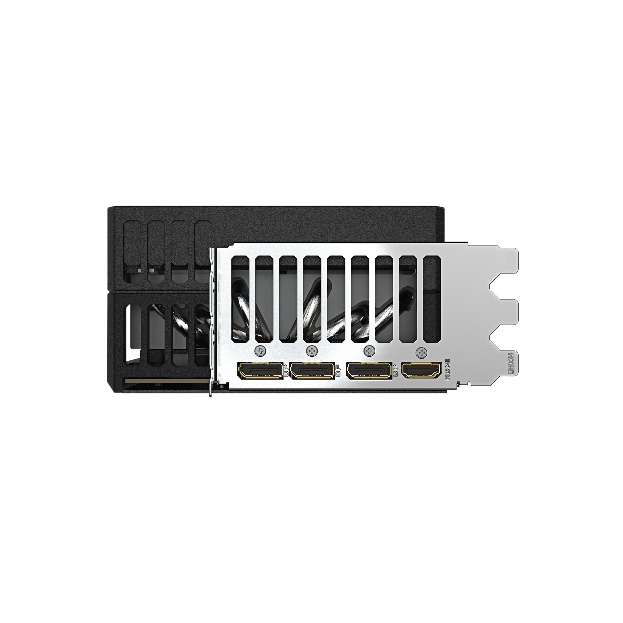 Zbliżenie karty graficznej pokazującej wiele portów wyświetlacza i radiator.