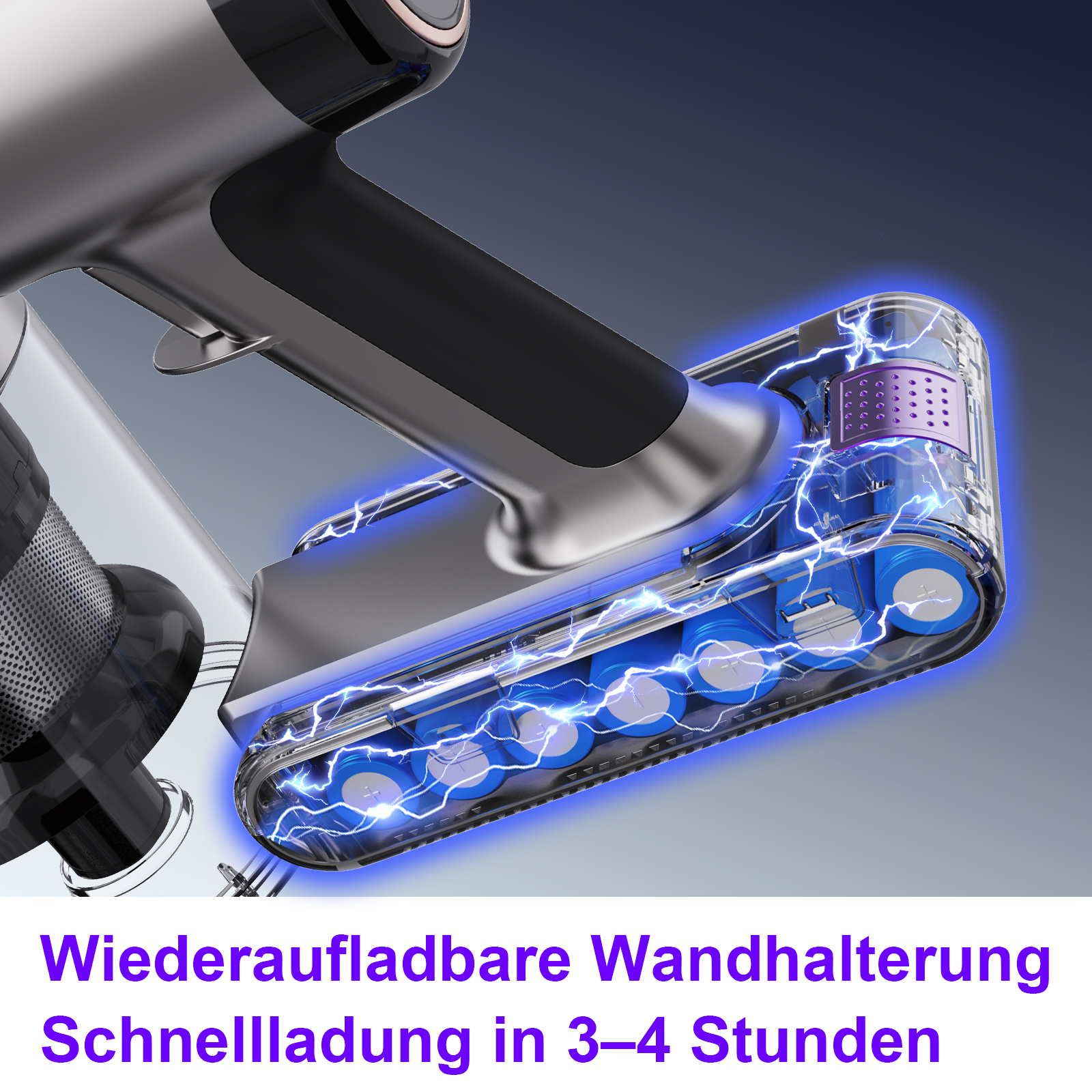 Staubsauger mit blauem Licht um das Batteriefach. Text: Wiederaufladbar, Schnellladung.