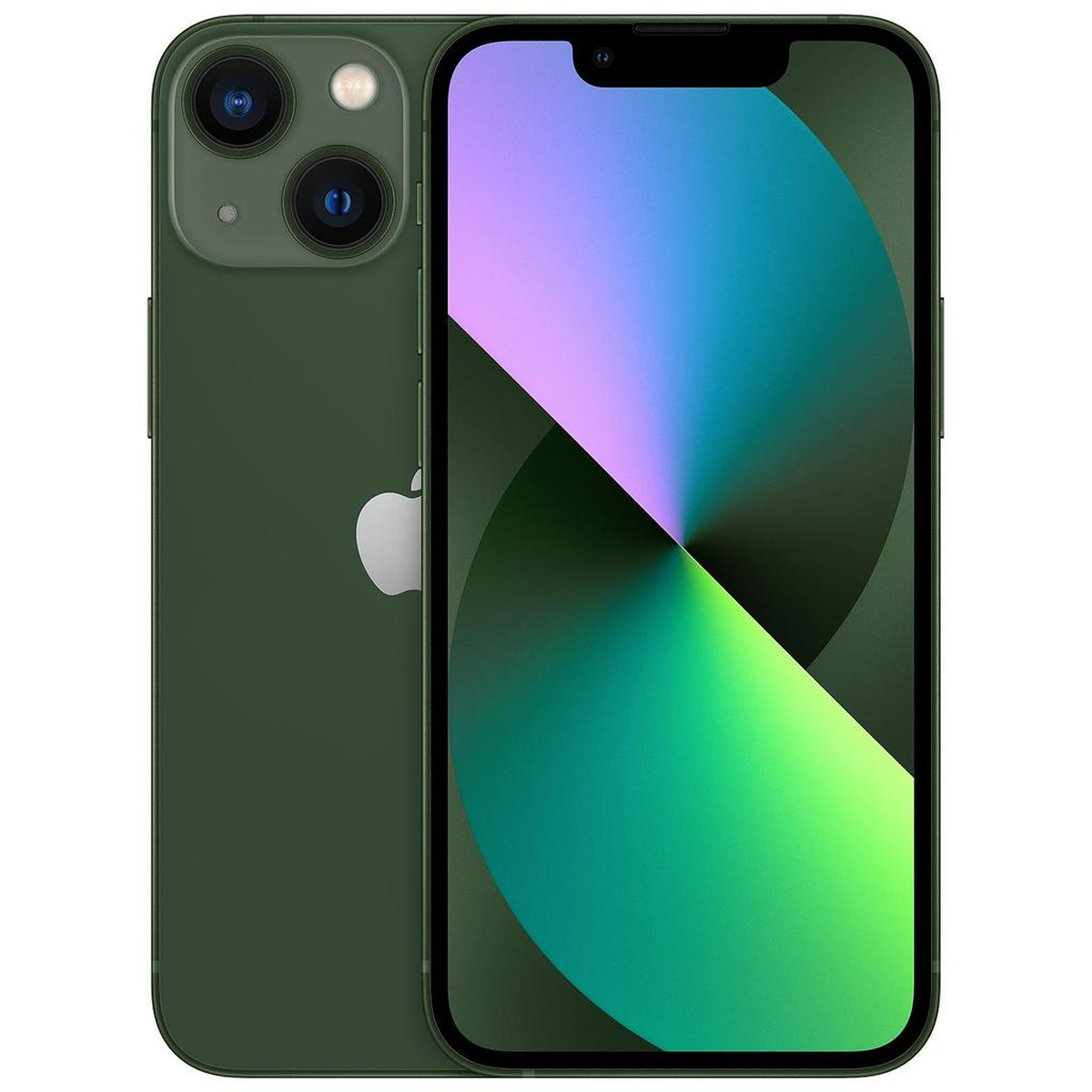 Un iPhone con retro verde e schermo colorato con un design verde e blu.