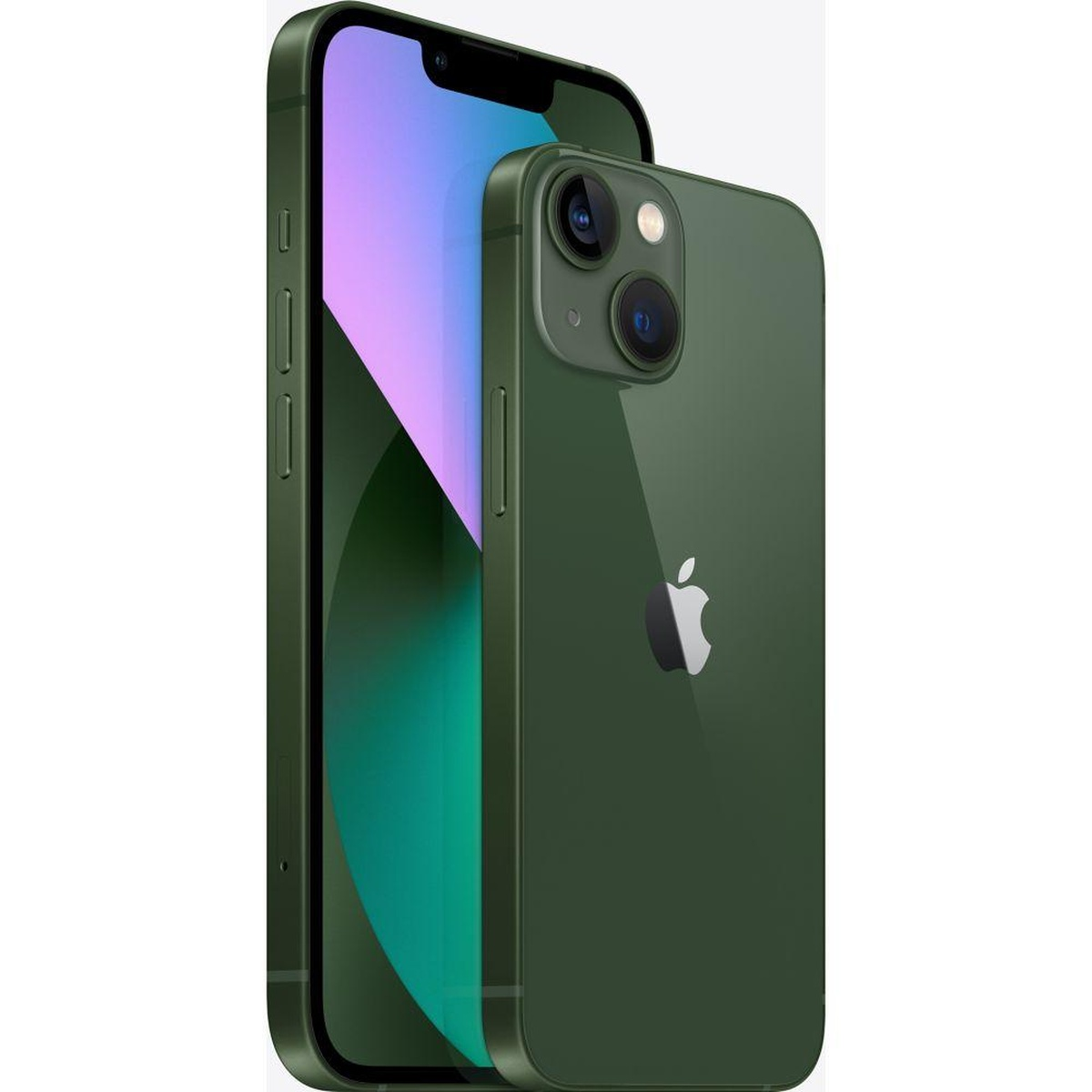 iPhone 13 verde. Vista fronte e laterale. Sistema a doppia fotocamera.