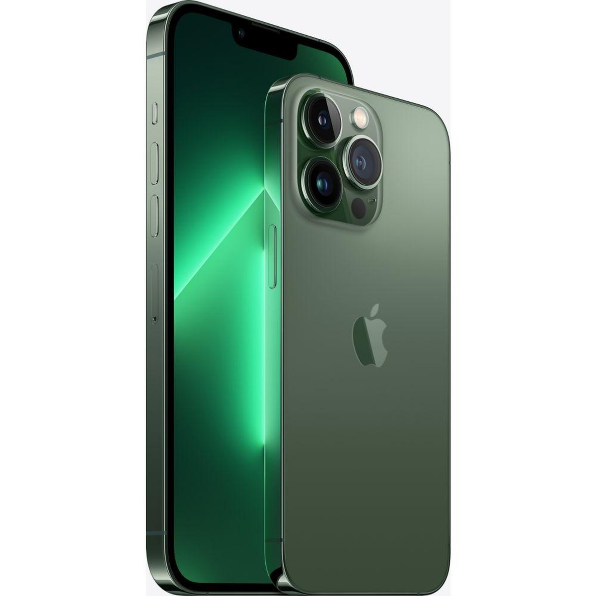 iPhone verde, retro e fronte. Tre fotocamere e logo Apple dietro. Schermo verde.