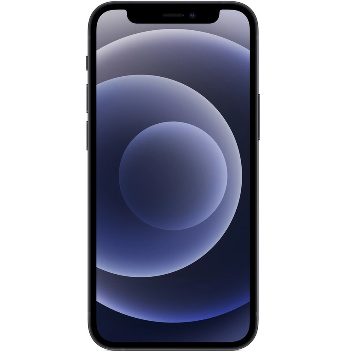iPhone nero con schermo acceso. Mostra una sfumatura blu e grigia. Sfondo nero.