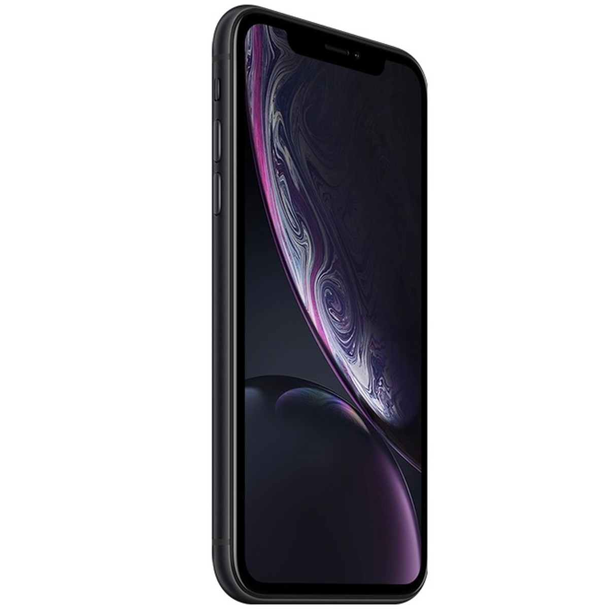 Zijaanzicht van een zwarte iPhone XR. Scherm toont kleurrijk behang. Op witte achtergrond.