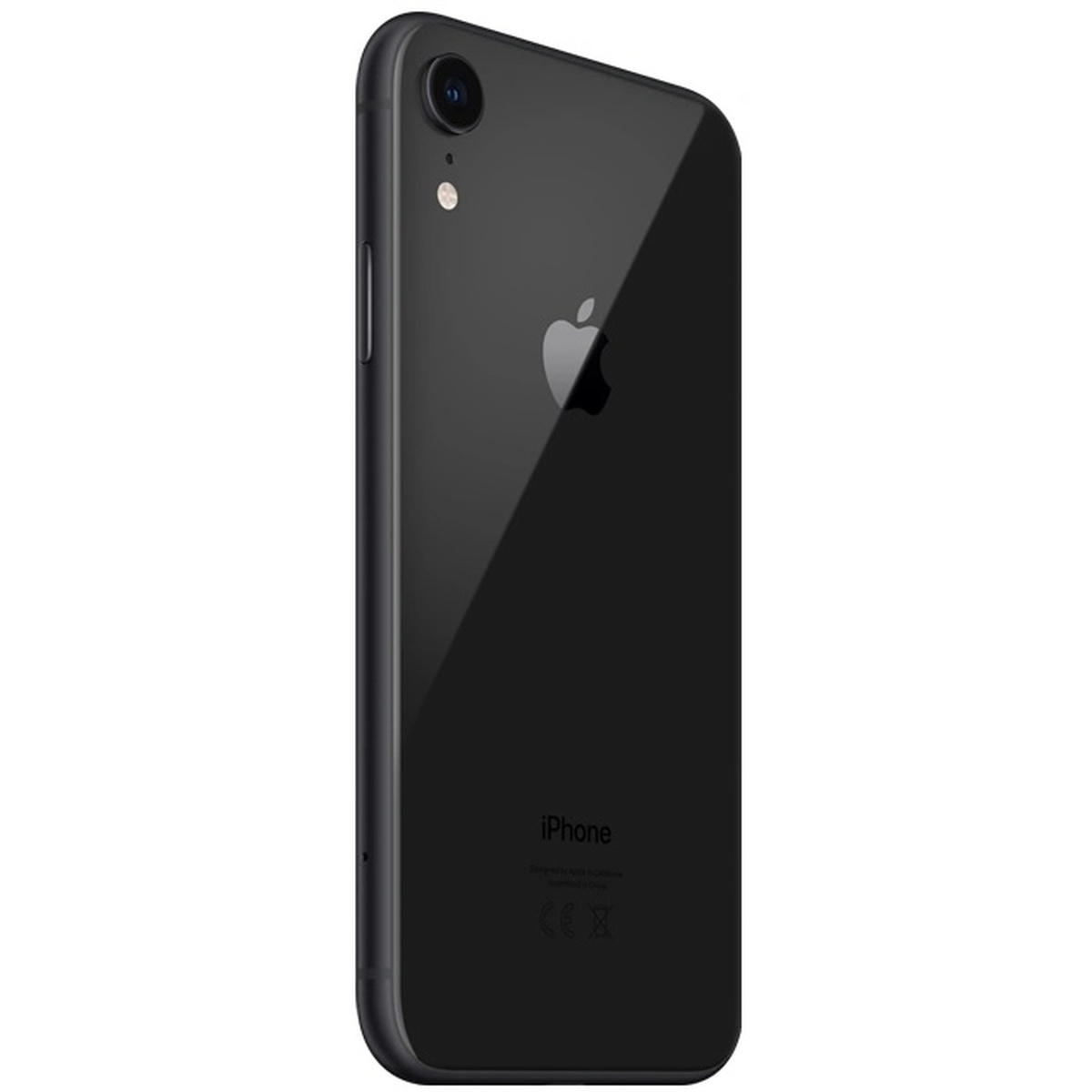 Zwarte iPhone XR achteraanzicht. Enkele camera, Apple logo en iPhone tekst op witte achtergrond.