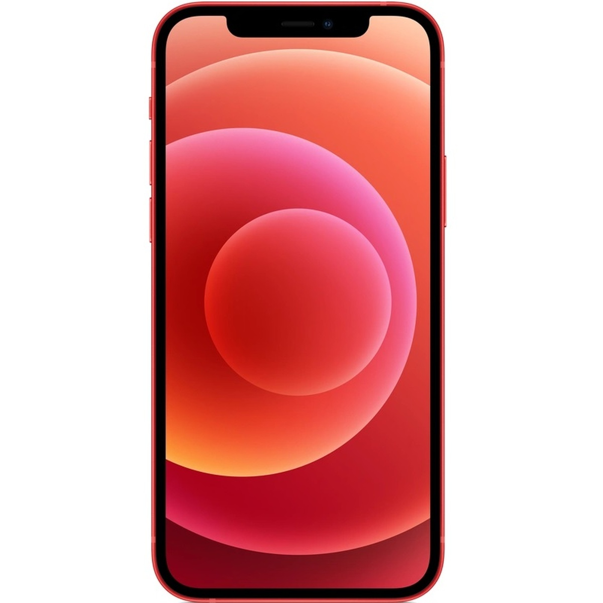 iPhone 12 rosso, vista frontale. Display con cerchi astratti rossi e arancioni colorati.