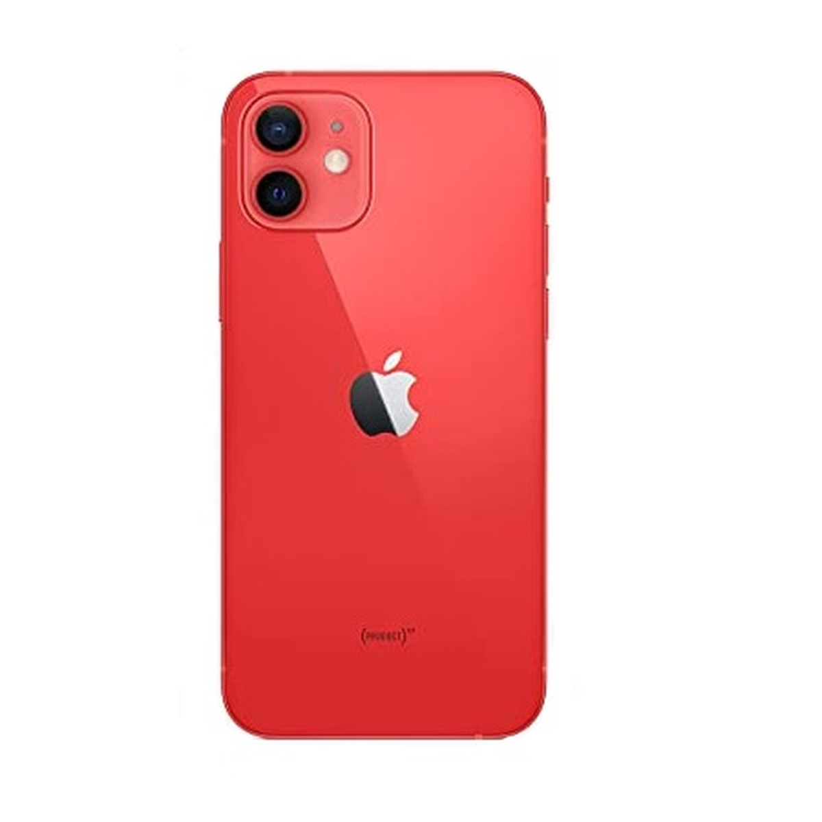iPhone 12 rosso, vista posteriore. Doppia fotocamera, flash e logo Apple su sfondo bianco.