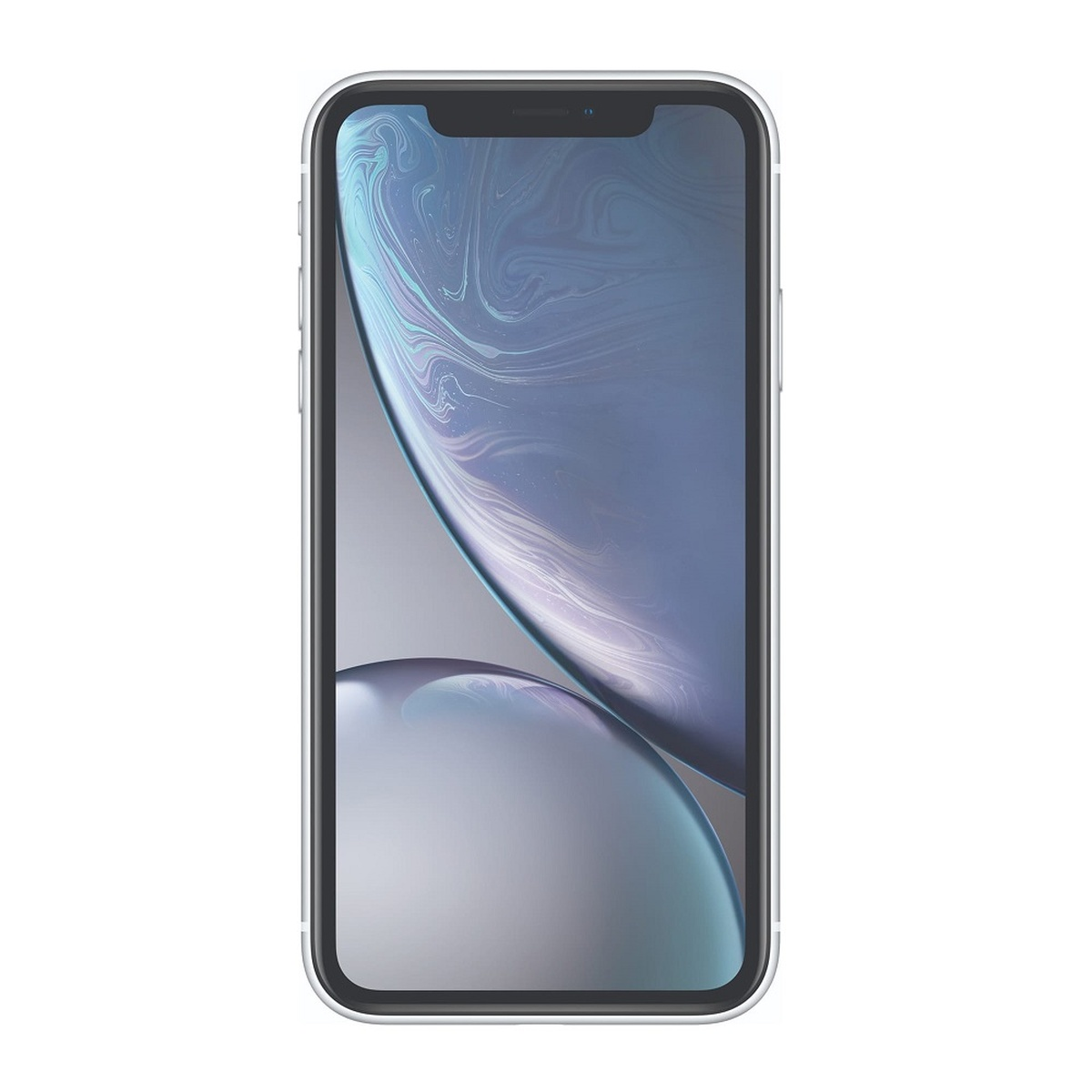 Vooraanzicht van iPhone. Scherm toont blauw en wit abstract ontwerp.