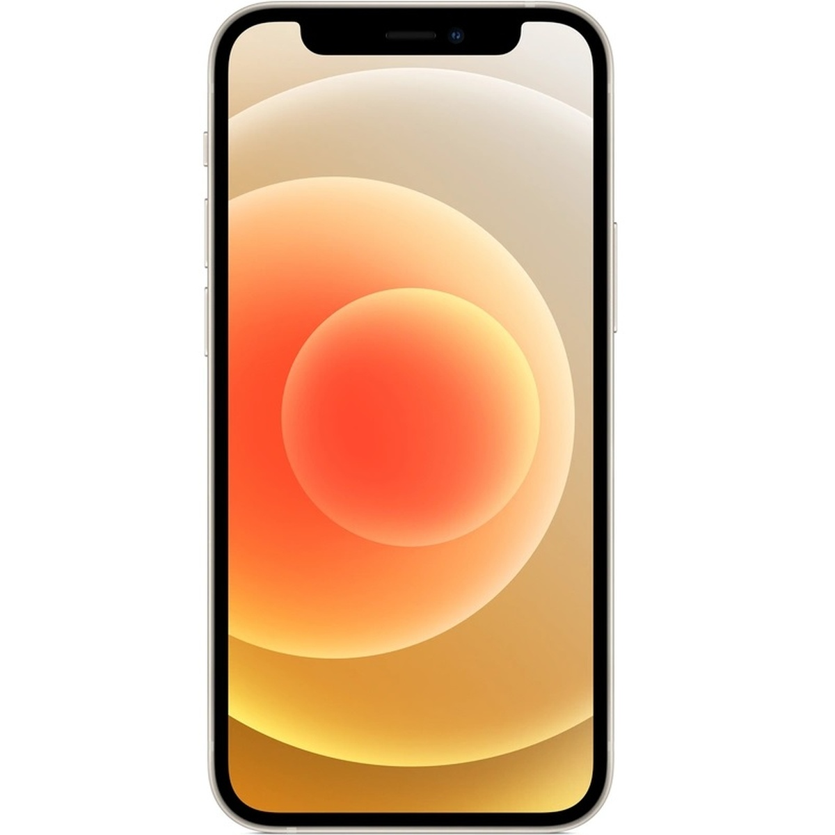 Vista frontale dell'iPhone. Lo schermo mostra sfumature arancioni e gialle, un bordo superiore scuro.