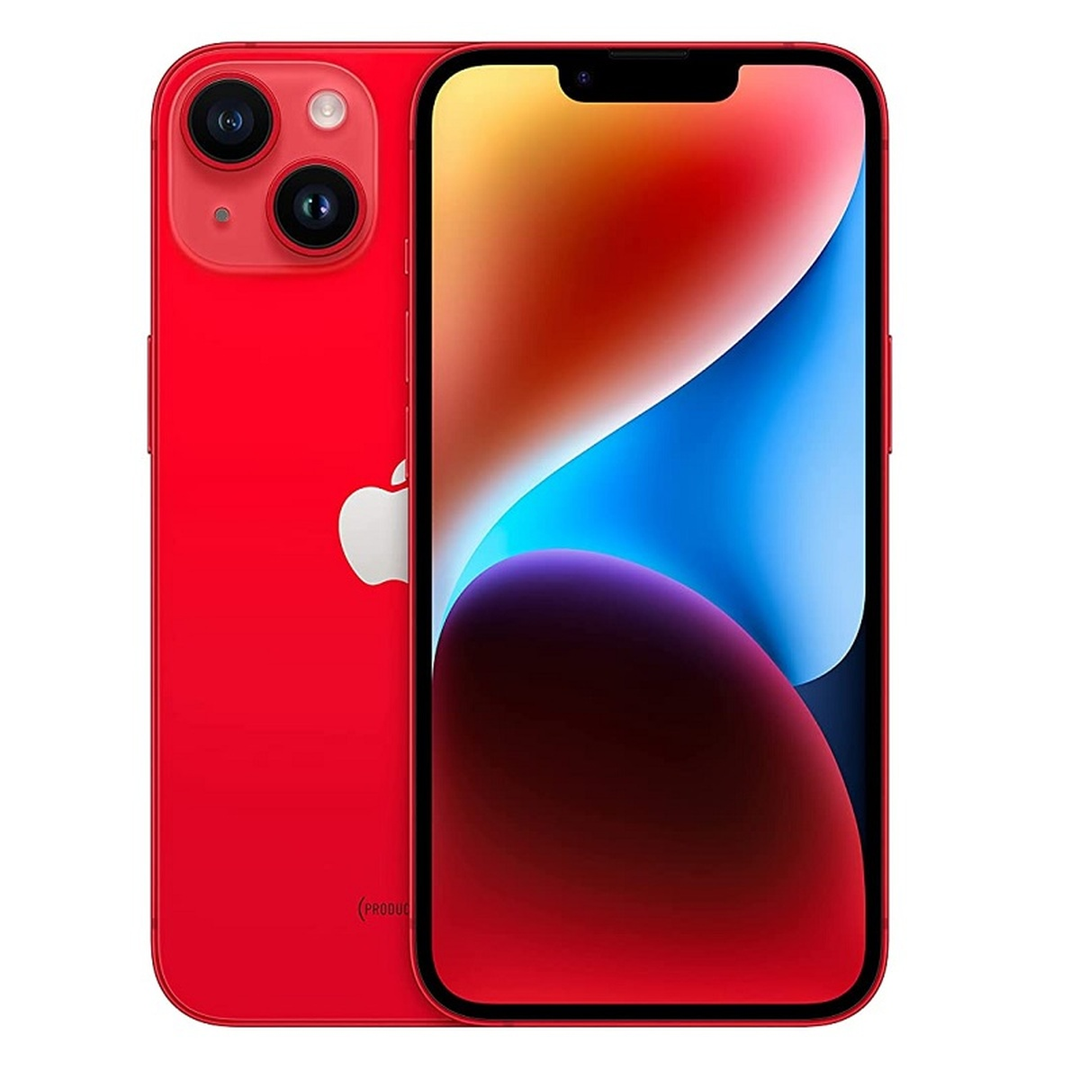 Czerwony iPhone z widokiem z przodu i z tyłu. Ekran wyświetla czerwone, pomarańczowe i fioletowe gradienty.
