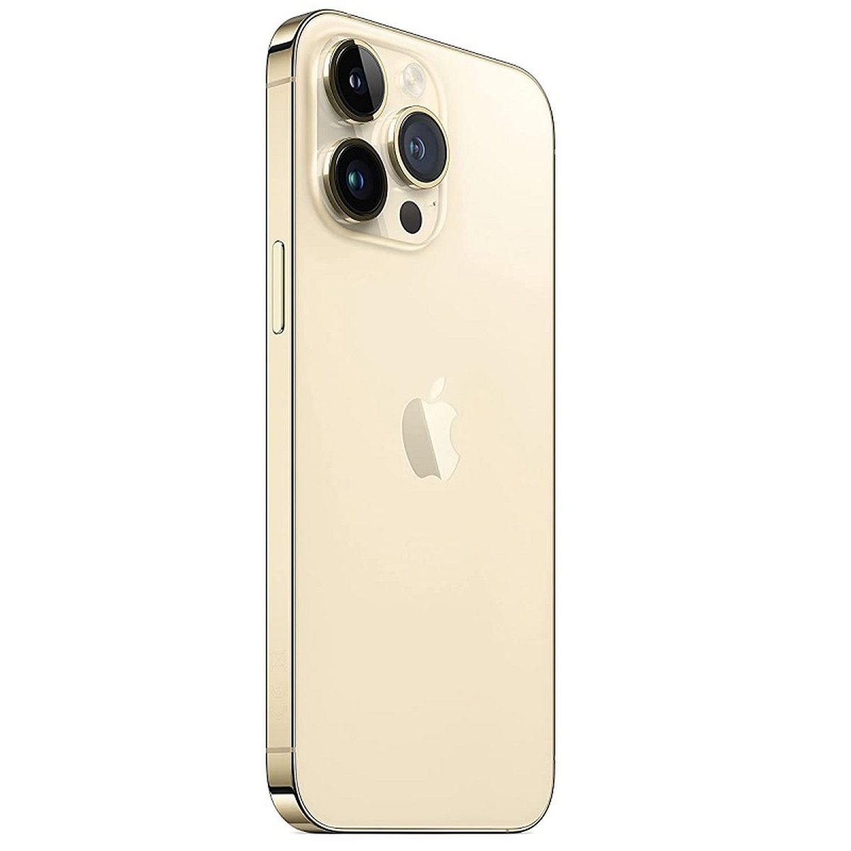 iPhone oro da un'angolazione laterale. Tre fotocamere e un logo Apple sono visibili.