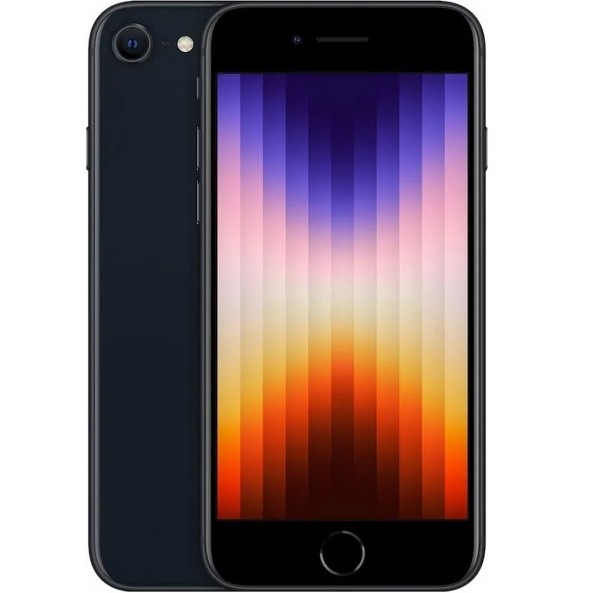 Ciemnoniebieski iPhone, widok z tyłu i z przodu. Przód pokazuje ekran z kolorowym gradientem.