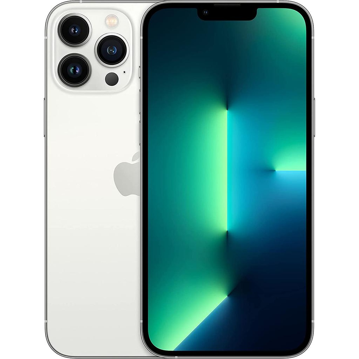 iPhone bianco, vista posteriore e anteriore. Lo schermo anteriore mostra una sfumatura verde.