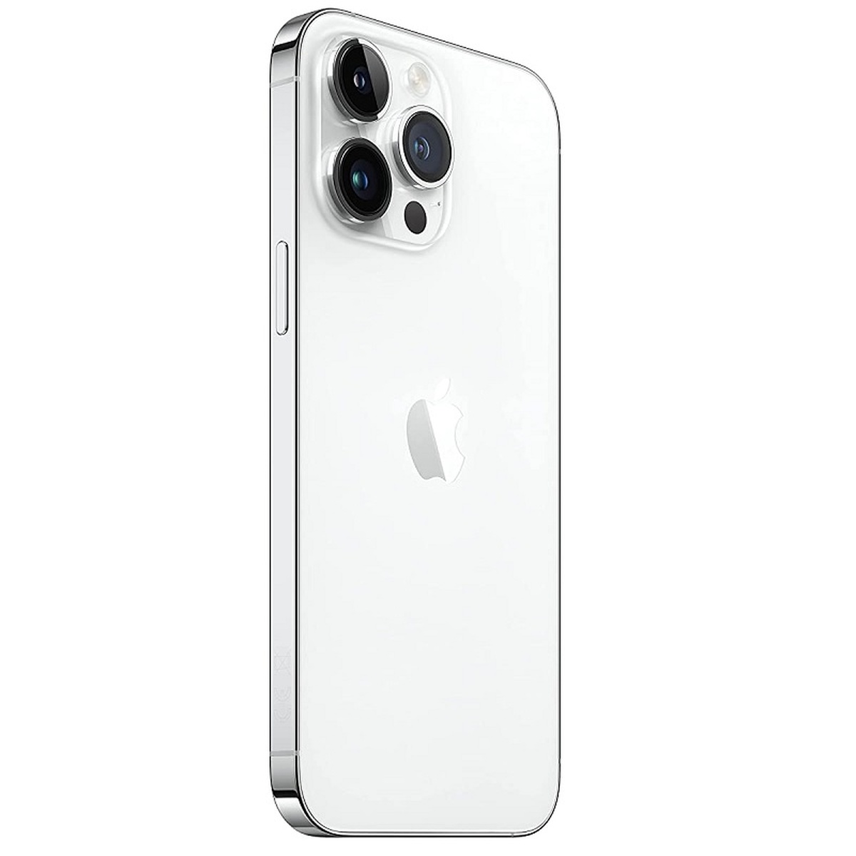 Weißes iPhone aus einem Seitenwinkel. Drei Kameras und ein Apple-Logo sind sichtbar.