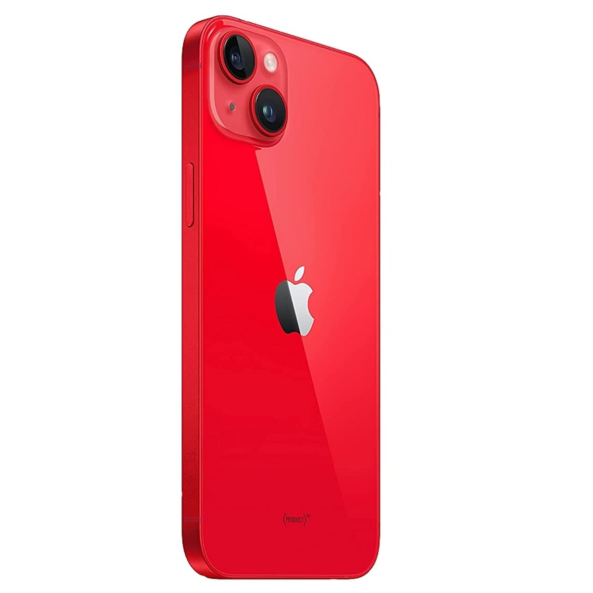 Telefono rosso che mostra il retro con logo Apple, modulo fotocamera in alto a sinistra.