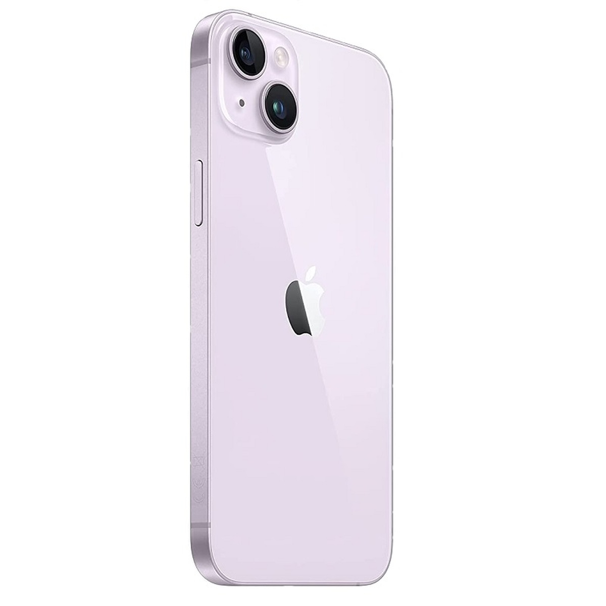 Retro iPhone lilla angolato. Doppie fotocamere, flash e logo Apple visibili. Cornice argentata.