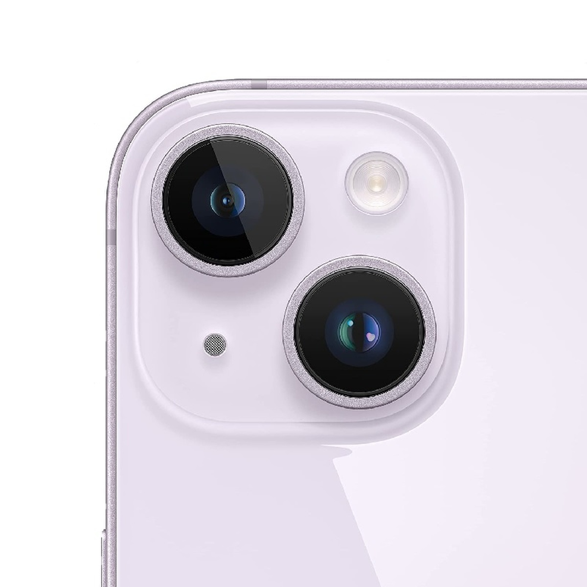 Primo piano del retro di un iPhone lilla. Due obiettivi, flash e microfono presenti.