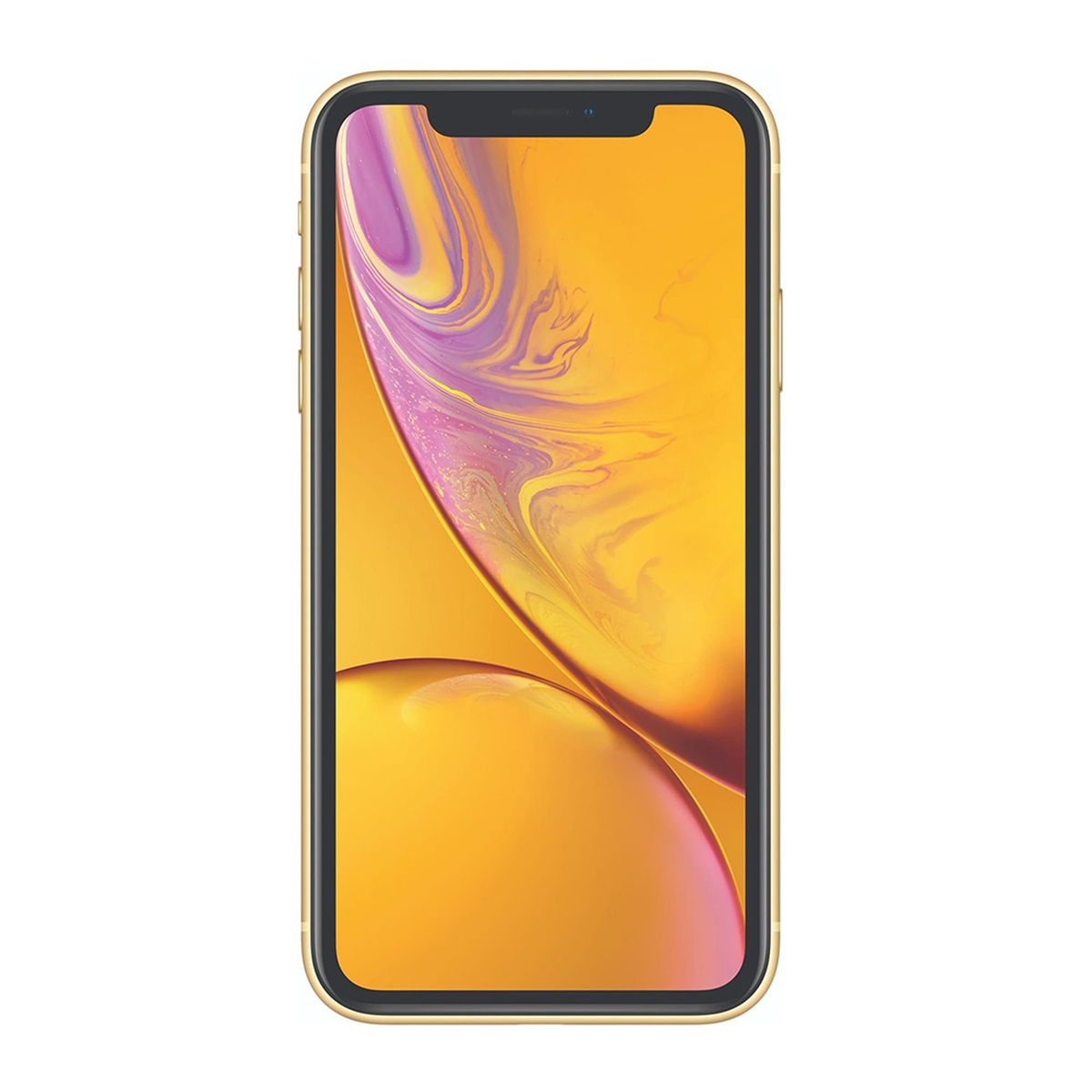 Gele iPhone XR. Vooraanzicht. Scherm toont oranje en geel abstract patroon.