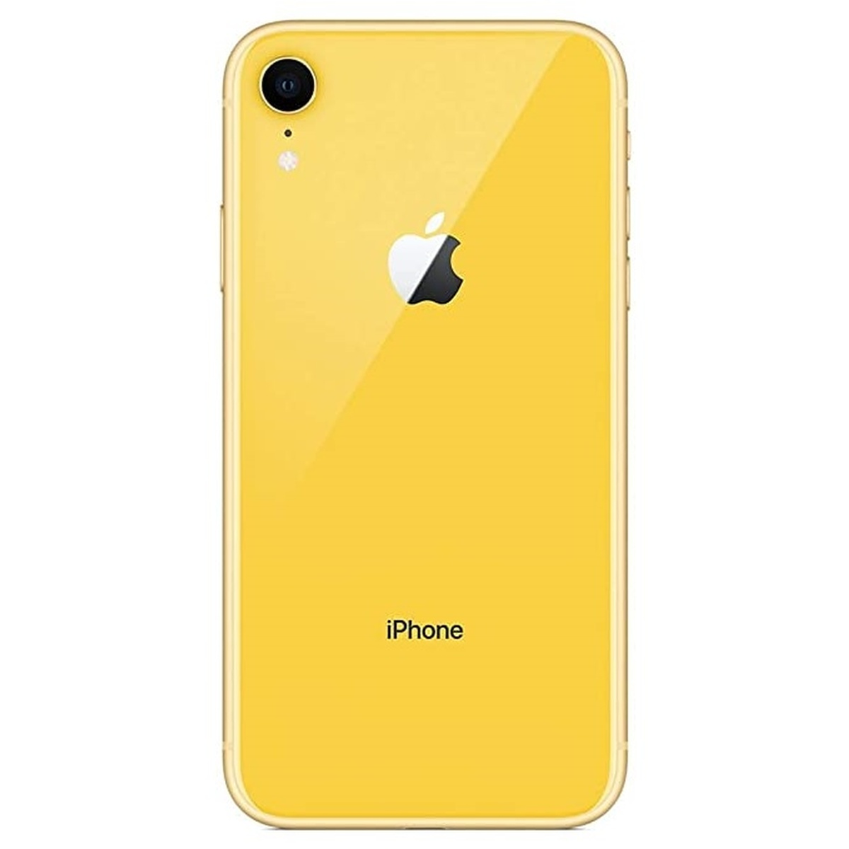 Gele iPhone XR. Achteraanzicht. Apple logo en iPhone tekst zichtbaar. Enkele camera.
